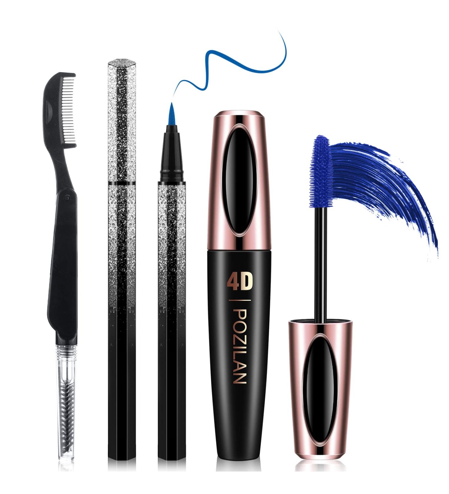 Blue Waterproof 4D Silk Fiber Lash Mascara with Eyeliner & Folding Comb Brush - Lengthening, Volumizing, Long-Lasting, Natural Eye Makeup - Buy Online on GoSupps.com