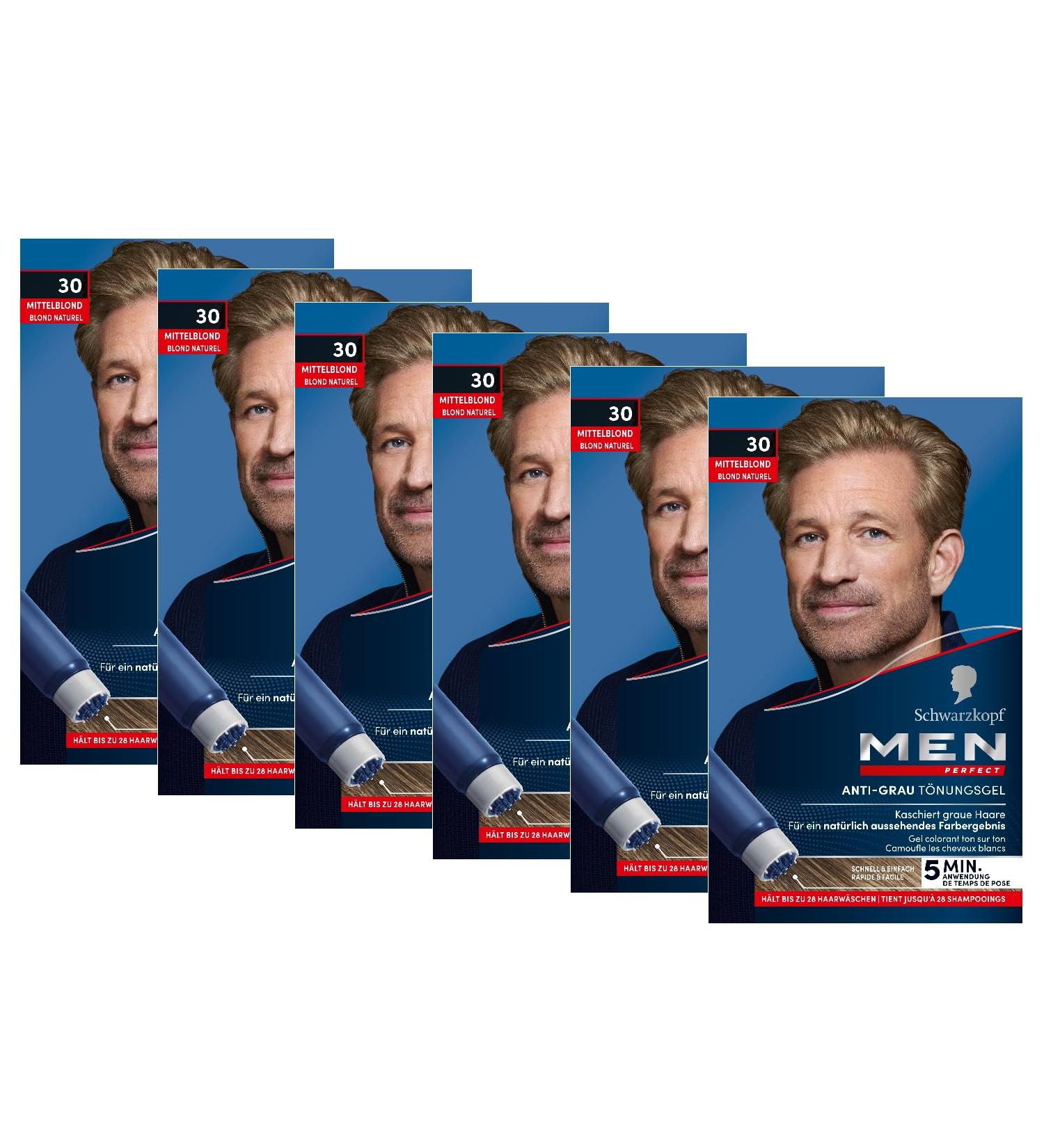 Men Perfect Anti-gray tinting gel 30 medium blonde (6x 80 ml) hair color for men blinds gray hair anti-gray tint for a natural looking result