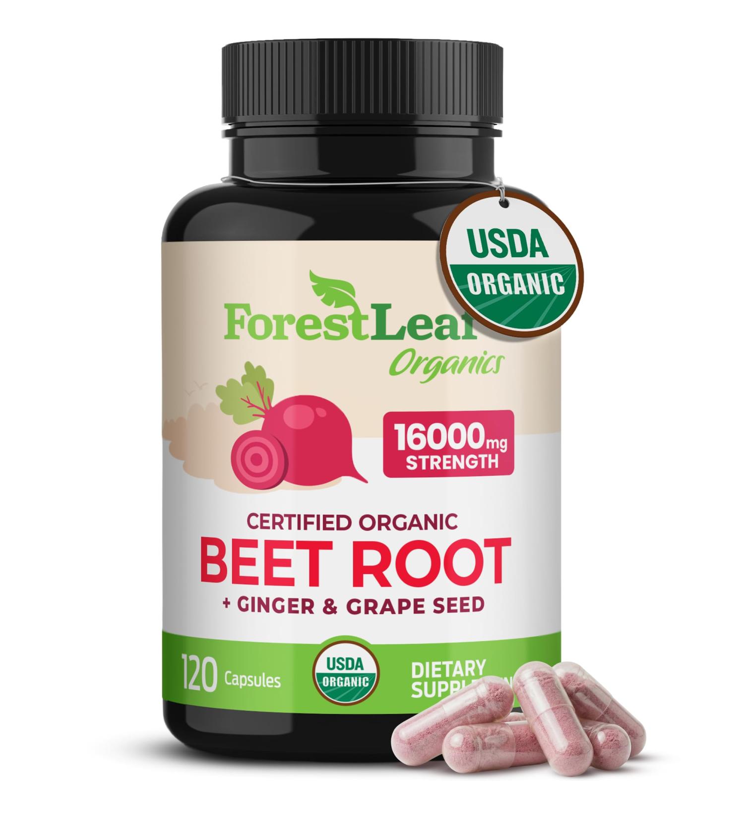 ForestLeaf USDA Organic Beet Root Capsules - Beetroot Supplement 16000 mg Strength 20:1 Extract w/Ginger Grape Seed - Support Blood Pressure Nitric Oxide Flow Circulation - Made in USA - 120 Caps 120 Count (Pack of 1) - Buy Online on GoSupps.com