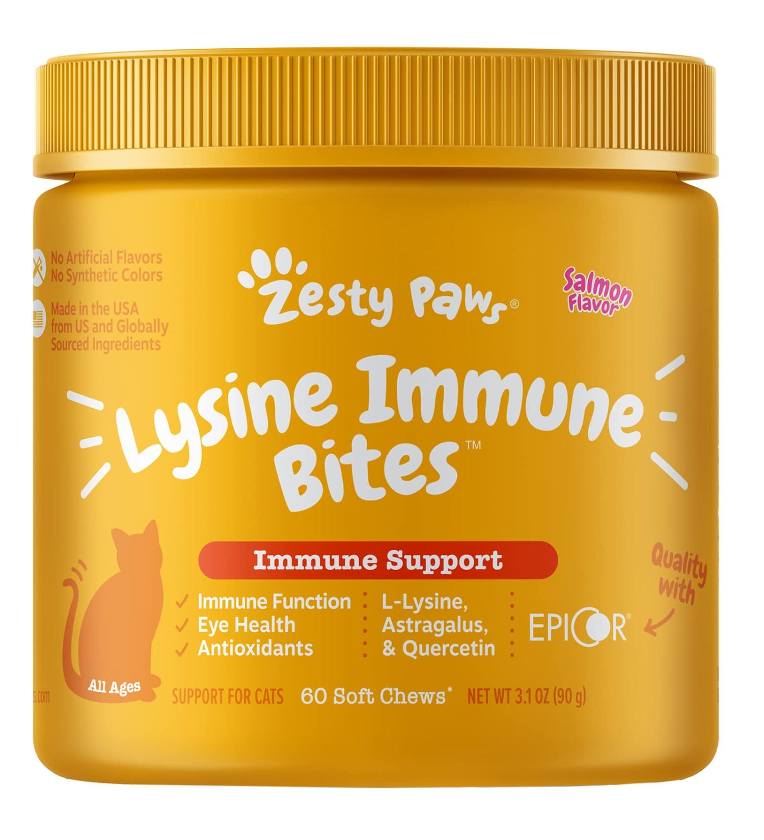 Zesty Paws Lysine Immune Bites For Cats Immune Support All Ages Salmon 60 Soft Chews