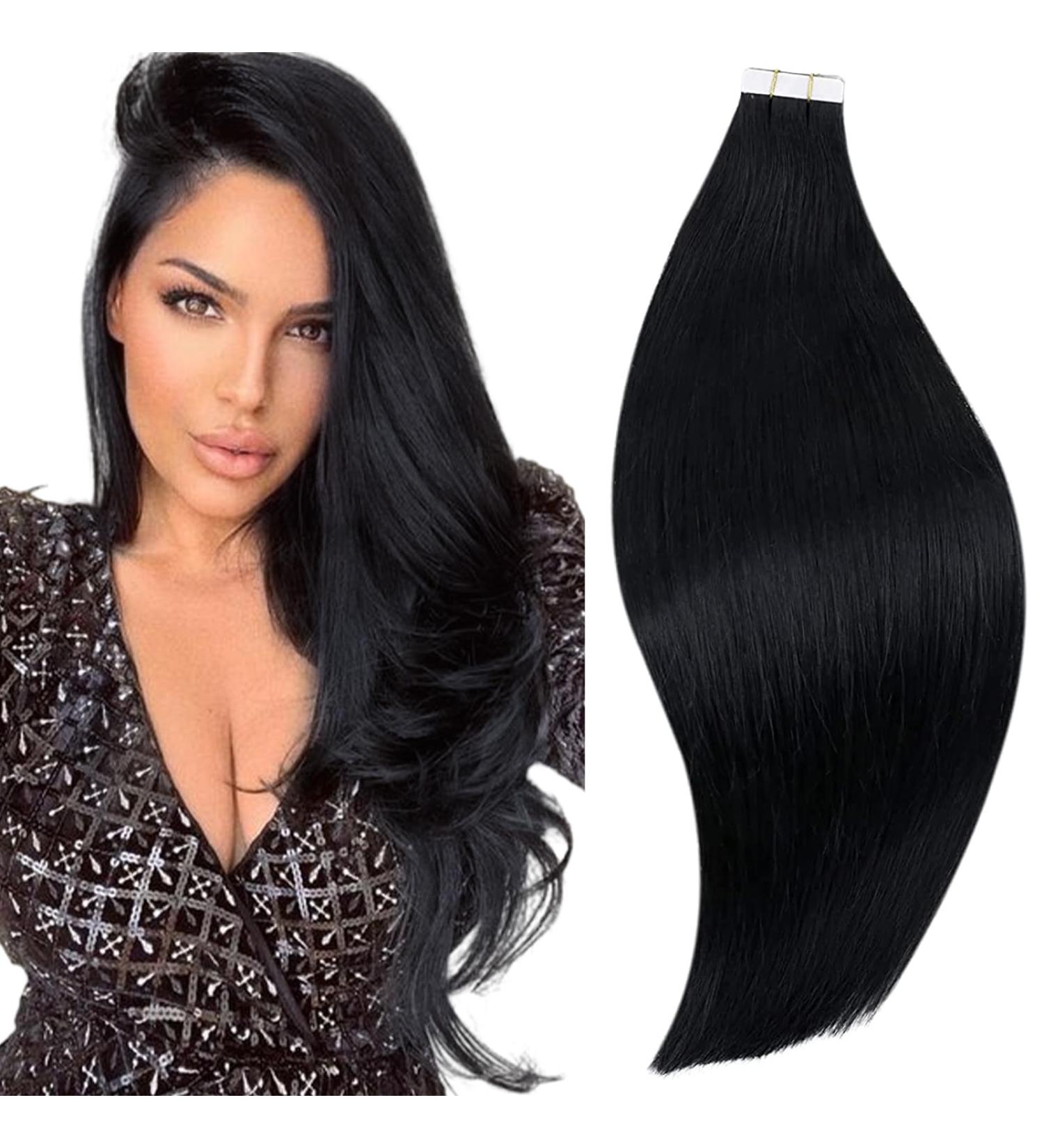 RUNATURE 16 Inch Black Remy Tape in Human Hair Extensions - 50g Real Hair Tape in Extensions #1 - Buy Online on GoSupps.com