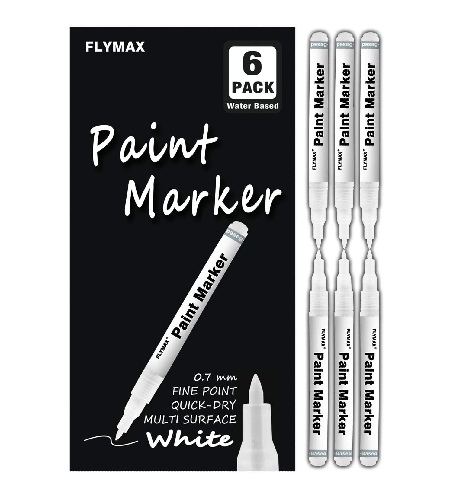 FLYMAX White Paint Pen 6 Pack 0.7mm - Permanent Marker for Wood, Rock, Glass - Extra Fine Point Acrylic Paint Pens - Opaque Ink for Metal, Leather, Canvas - Buy Online on GoSupps.com