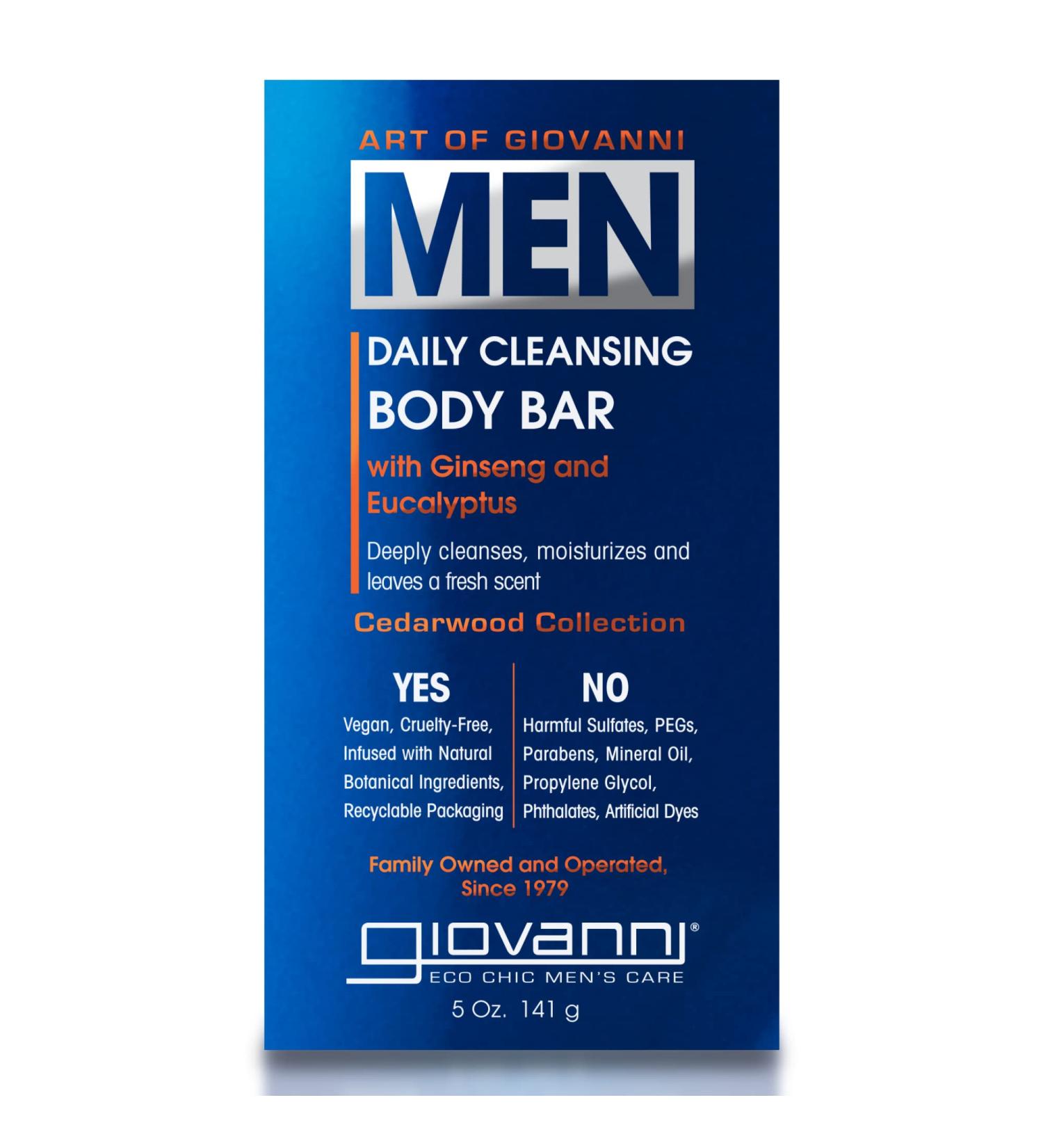 GIOVANNI Men's Daily Cleansing Body Bar 5 oz with Ginseng and Eucalyptus - Hydrating & Moisturizing Soap for Men - Cedarwood Collection - Vegan-Friendly - Buy Online on GoSupps.com