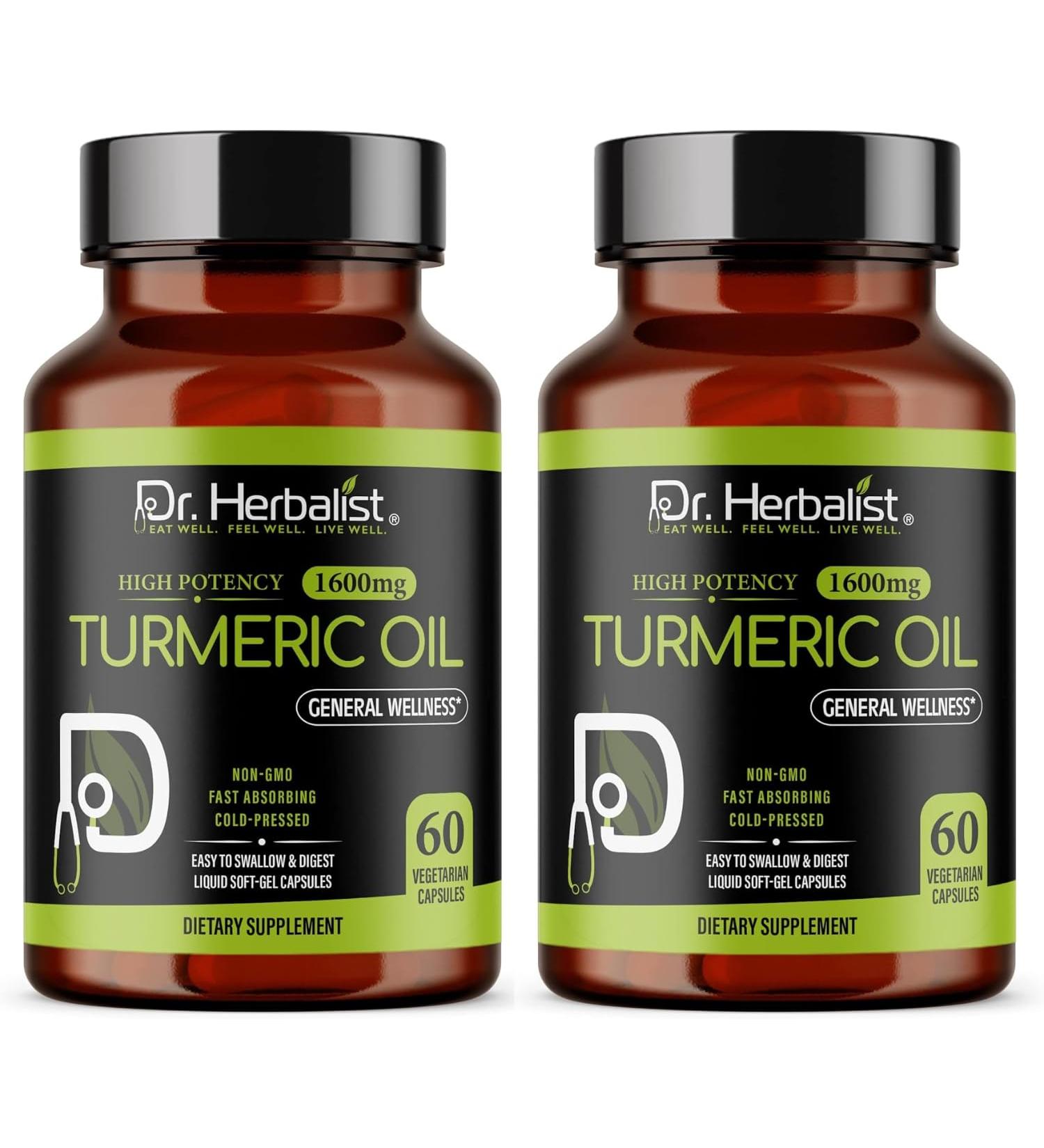 Dr. HERBALIST Turmeric Curcumin Oil Capsules 1600mg - 60 Capsules | Non-GMO | Fasting Absorbing | Vegetarian | Cold-Pressed | High Potency I AKA Haldi Capsules (1 Pack: 60 Capsules) Turmeric Curcumin Oil 1 - Buy Online on GoSupps.com