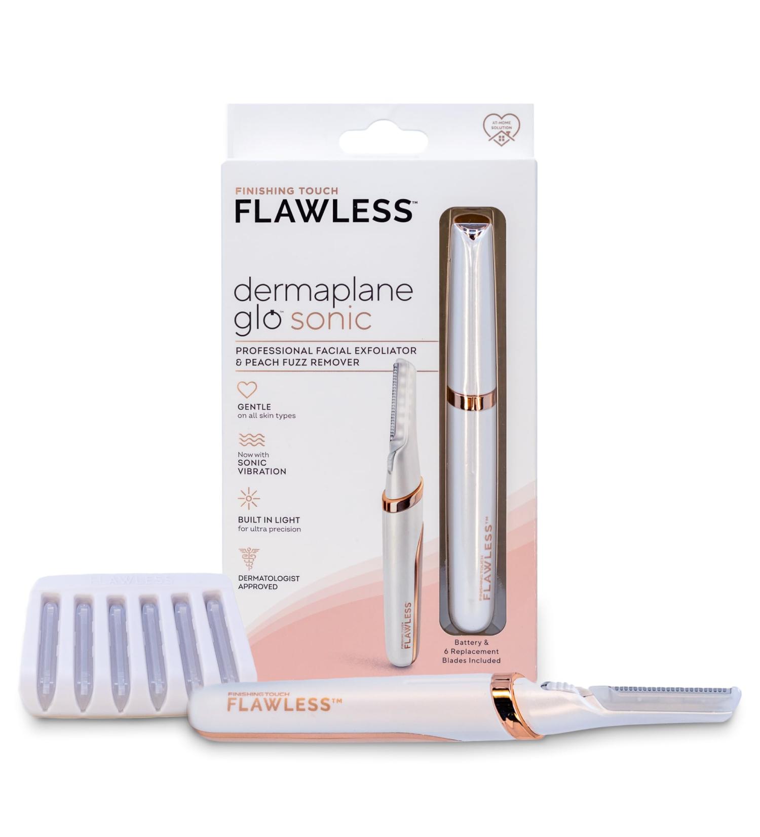 Buy Finishing Touch Flawless Dermaplane Glo - Sonic Lighted Exfoliator & Razor for Facial Hair Removal | 6 Replacement Heads | International Shipping Available - Buy Online on GoSupps.com