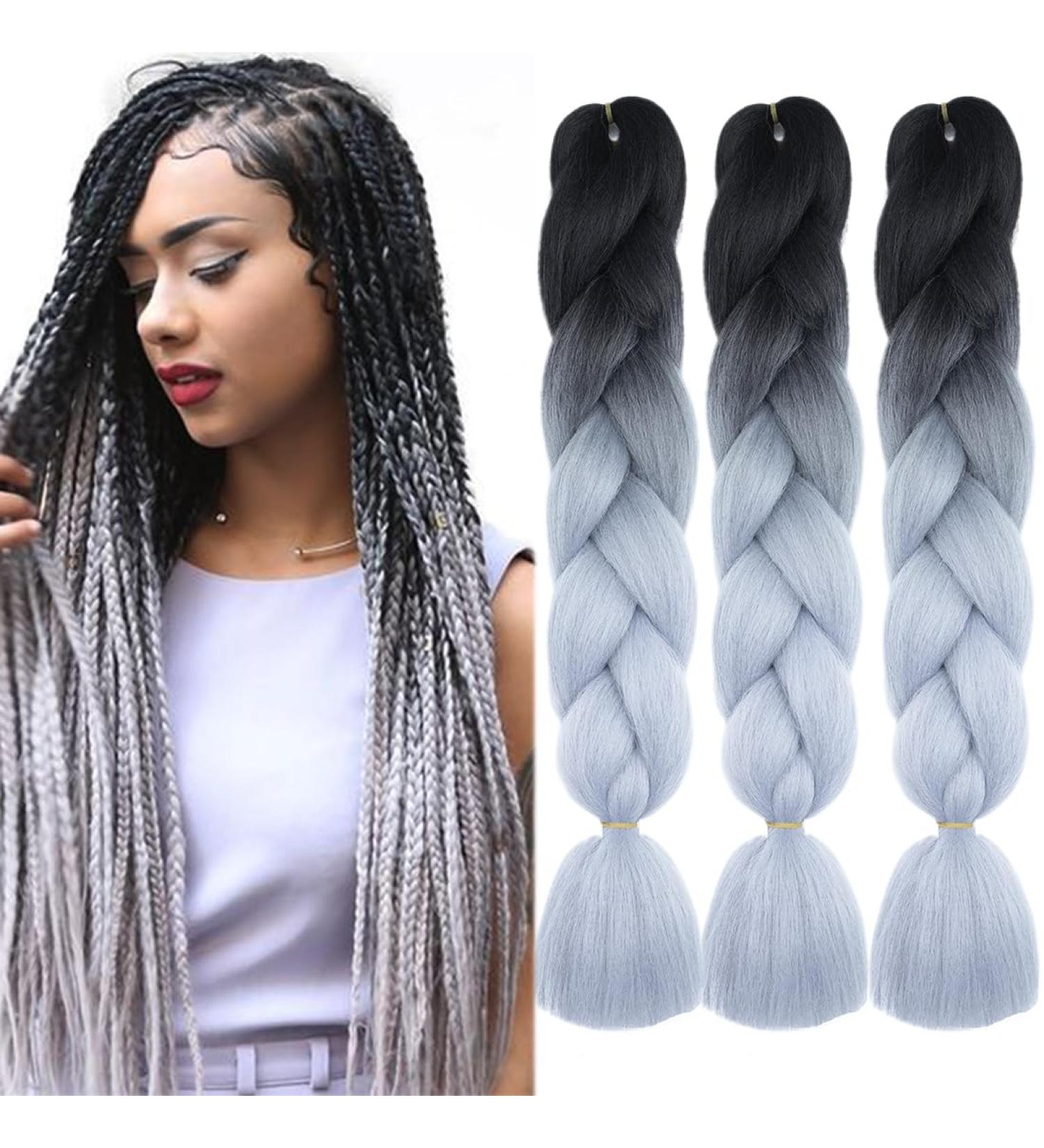 Jumbo Braids Colorful Kanekalon Hair Extensions for DIY Crochet Box Braids - Ombre 2 Tone Black-Silver Gray | 3 Pieces 100g Each 61cm - Buy Online on GoSupps.com