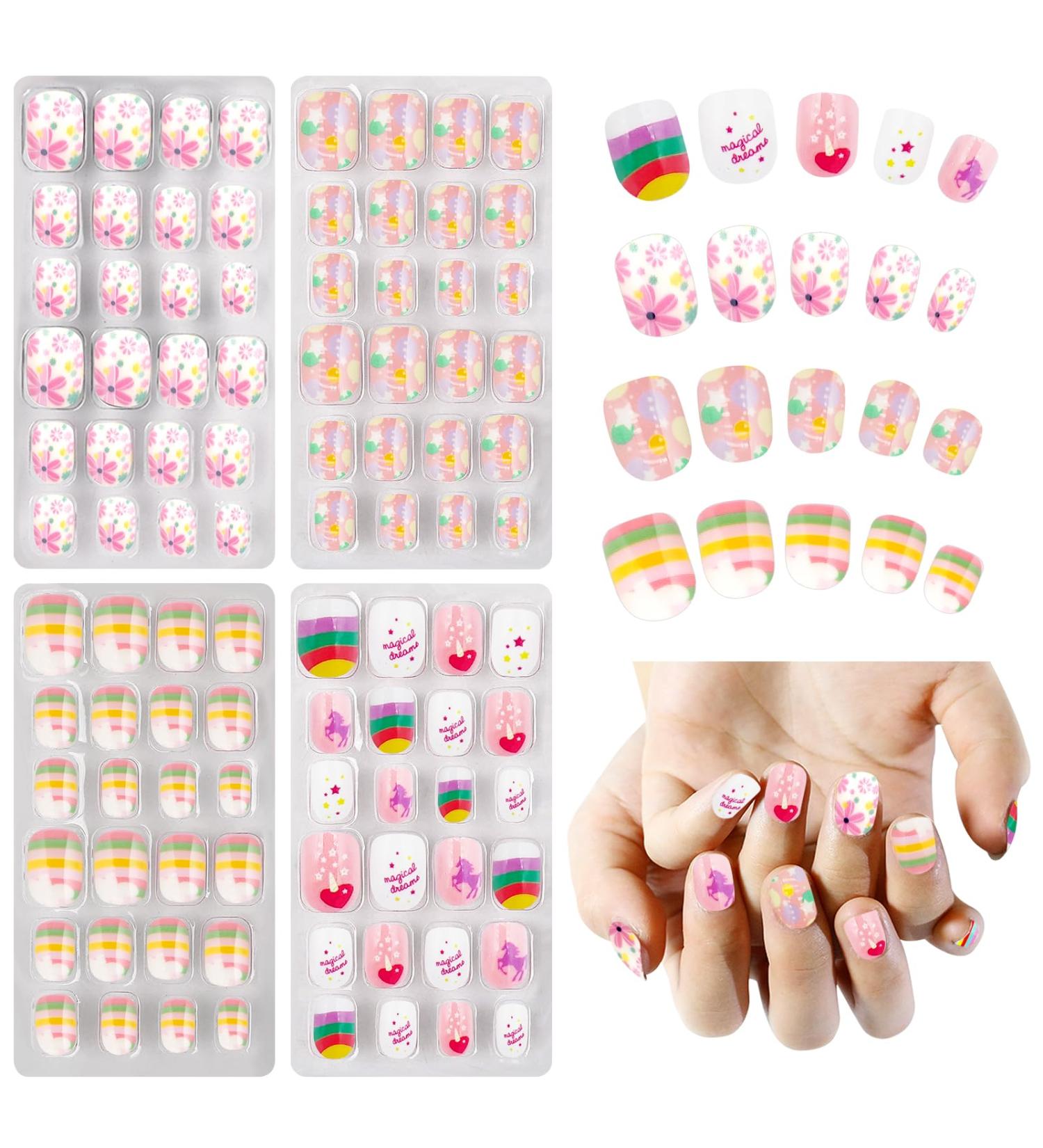 Obidodi 96pcs Kids False Nails Girls Press on Nails Short Full Cover Fake Nail Kits Kids Stick on Nails Girls Children Nail Design Decoration False Nails for Kids Kit - Buy Online on GoSupps.com