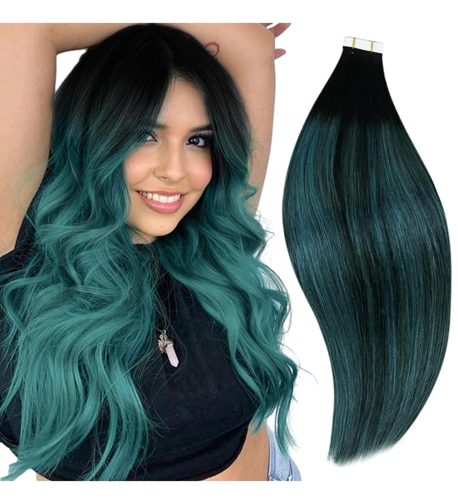 Buy Runature Invisible Tape Extensions | Real Hair Ombre Black Teal | 55cm Long | 50g | 20 Pieces | #1b/Teal | Best Quality Tape-In Hair Extensions - Buy Online on GoSupps.com