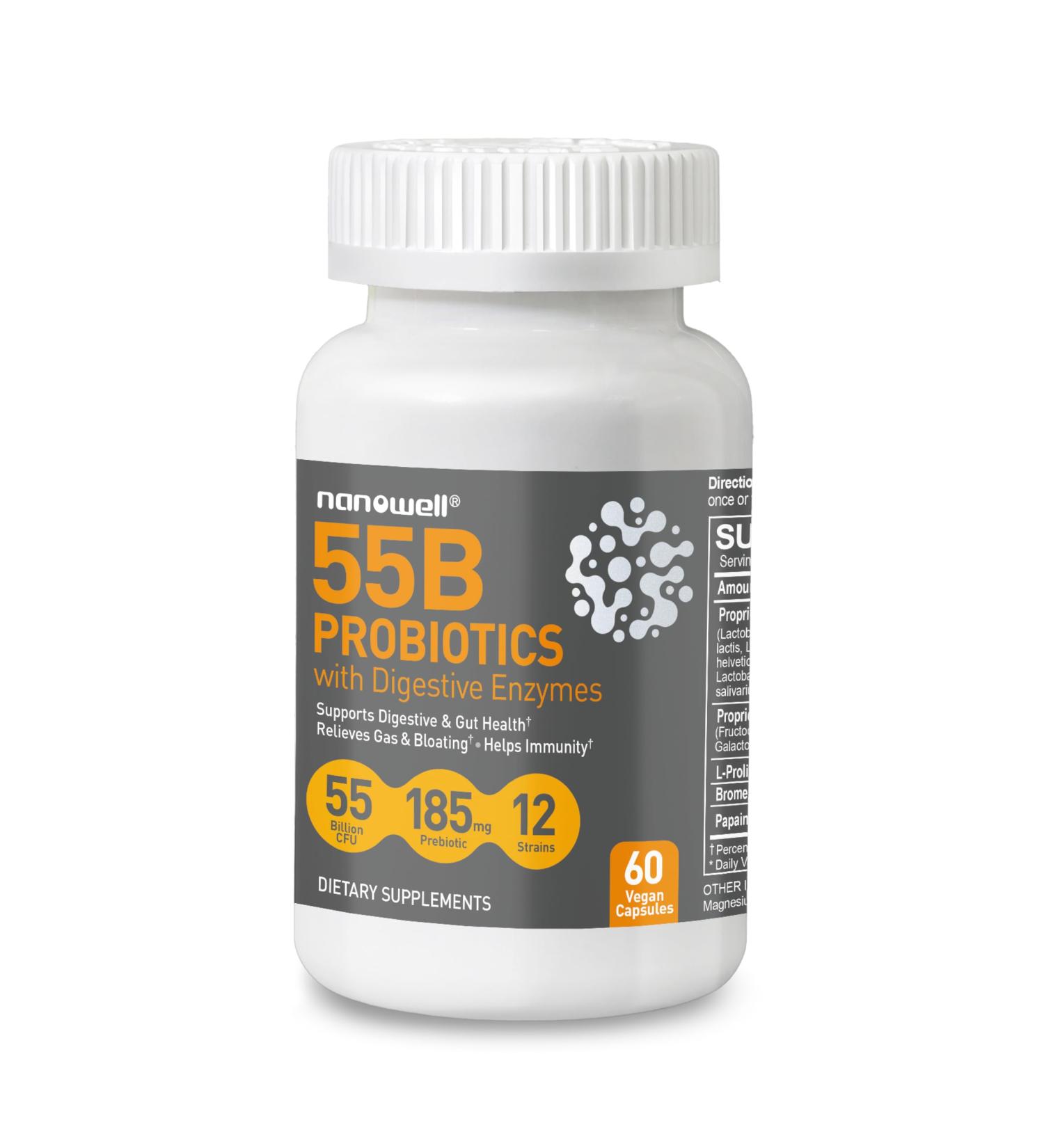 NANOWELL 55B Probiotics with Digestive Enzymes for Immune Support & Gut Health - 55 Billion CFU 12 Strain 185 mg Prebiotic - Relieves Gas & Bloating - 60 Vegan Capsules 60 Day Supply 60 Count (Pack of 1) - Buy Online on GoSupps.com