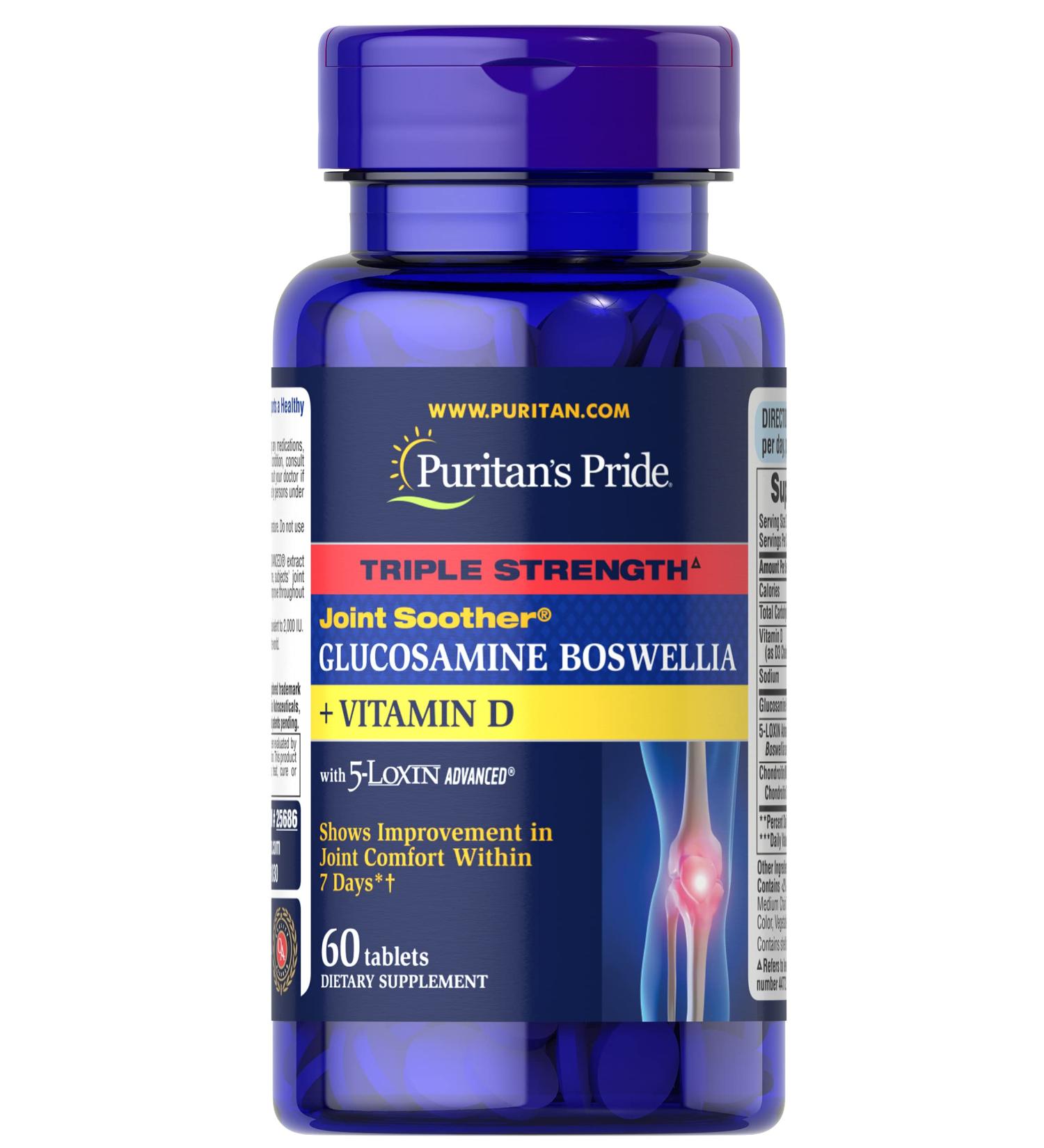 Puritan's Pride Triple Strength Joint Soother with Glucosamine, Boswellia & Vitamin D - 60 Count, White - Buy Online on GoSupps.com