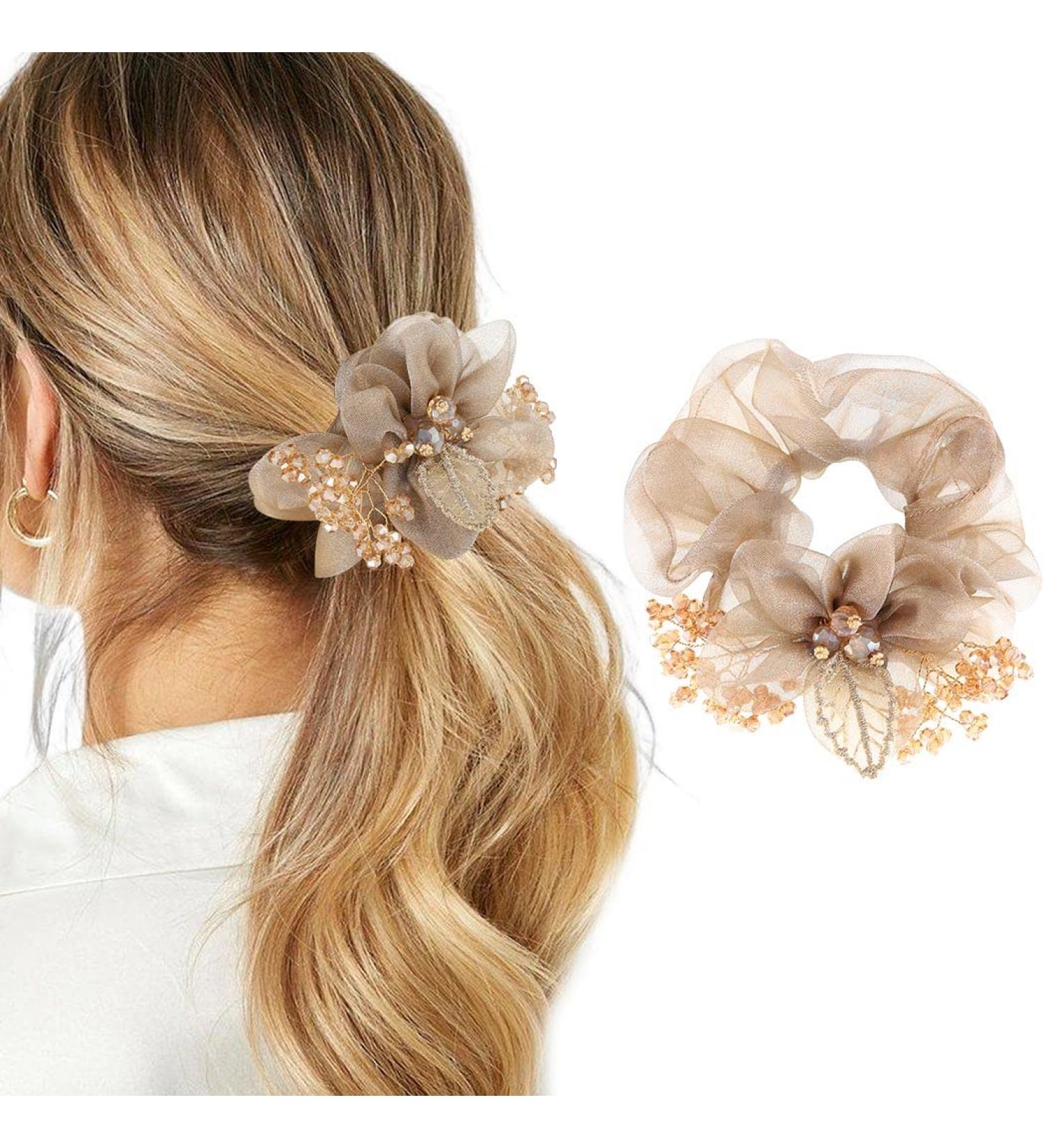 Brinie Champagne Flower Hair Scrunchies - Handmade Bead & Rhinestone Hair Ties for Women & Girls - Buy Online on GoSupps.com