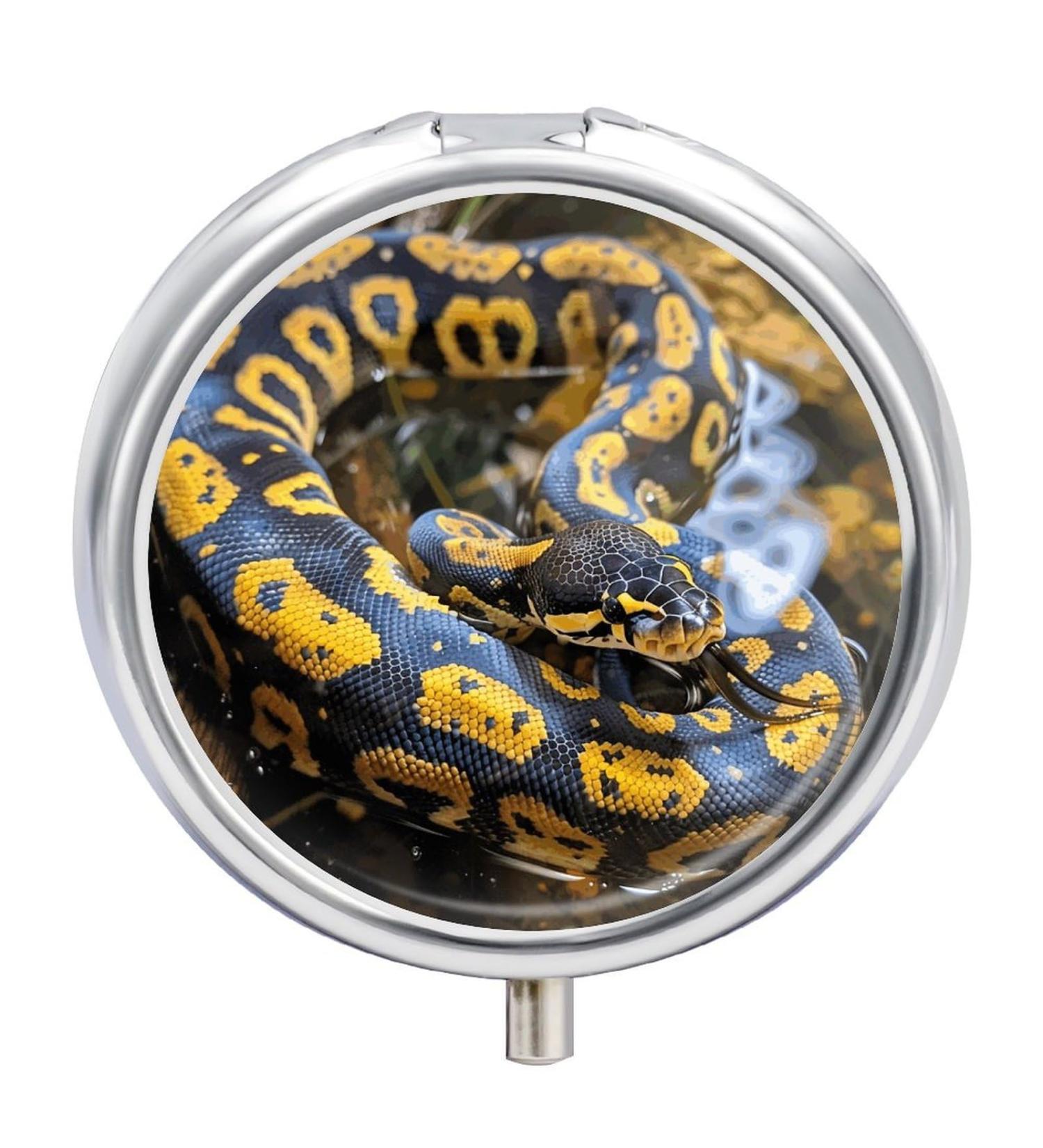 Portable Yellow & Black Python Print Pill Box - 3 Compartment Travel Organizer for Medicine - Small Round Case for Purse & Pocket - Buy Online on GoSupps.com
