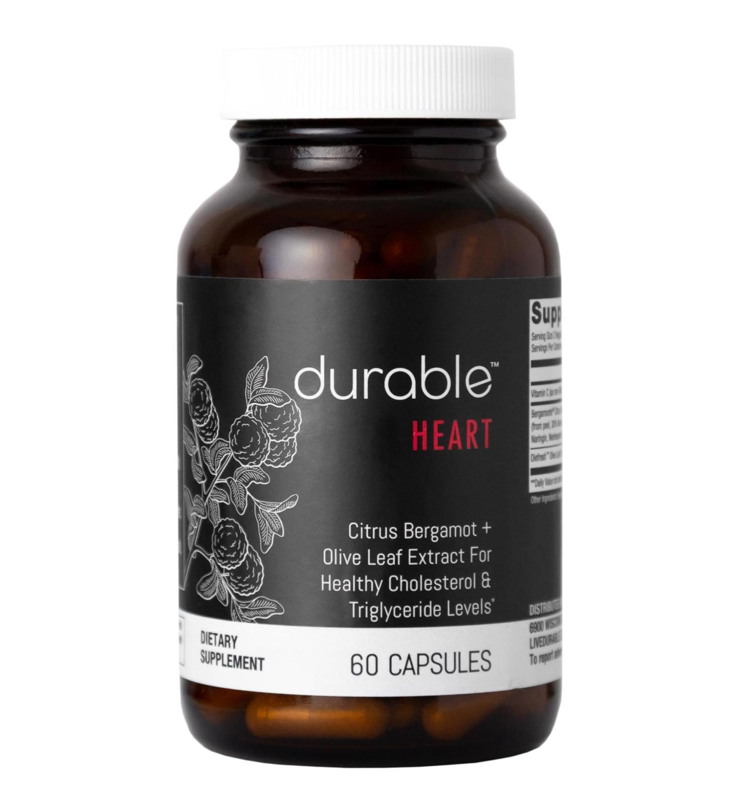 Durable Heart Extra-Strength Bergamonte & Olive Leaf Extract - 1 000 mg Natural Heart Supplements for Healthy Cholesterol Support - Non-GMO Vitamin C - Made in USA - 60 Count - Buy Online on GoSupps.com