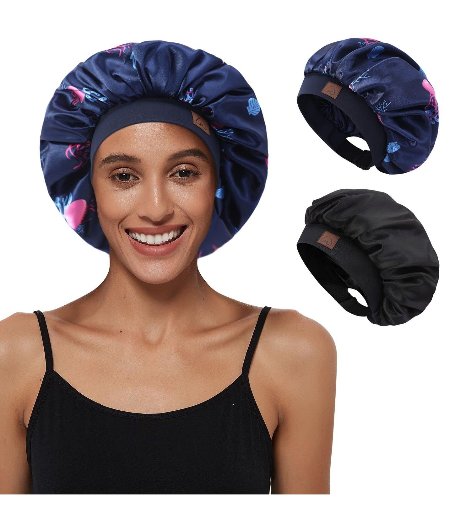 2 Pack Satin Bonnet Set for Curly Hair - Deep Ocean & Black | Women's Silk Sleep Cap & Hair Wrap - Buy Online on GoSupps.com