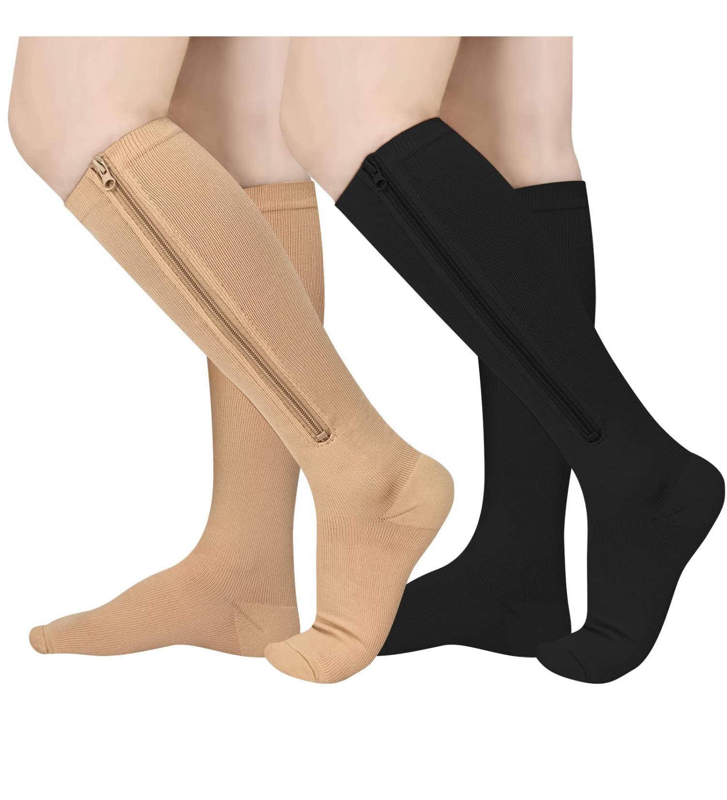 Evolyline 2 Pairs Zipper Compression Socks - Medical 15-20 mmHg Support for Women Men - Varicose Veins, Travel, Pregnancy - Black+Beige S-M - Buy Online on GoSupps.com