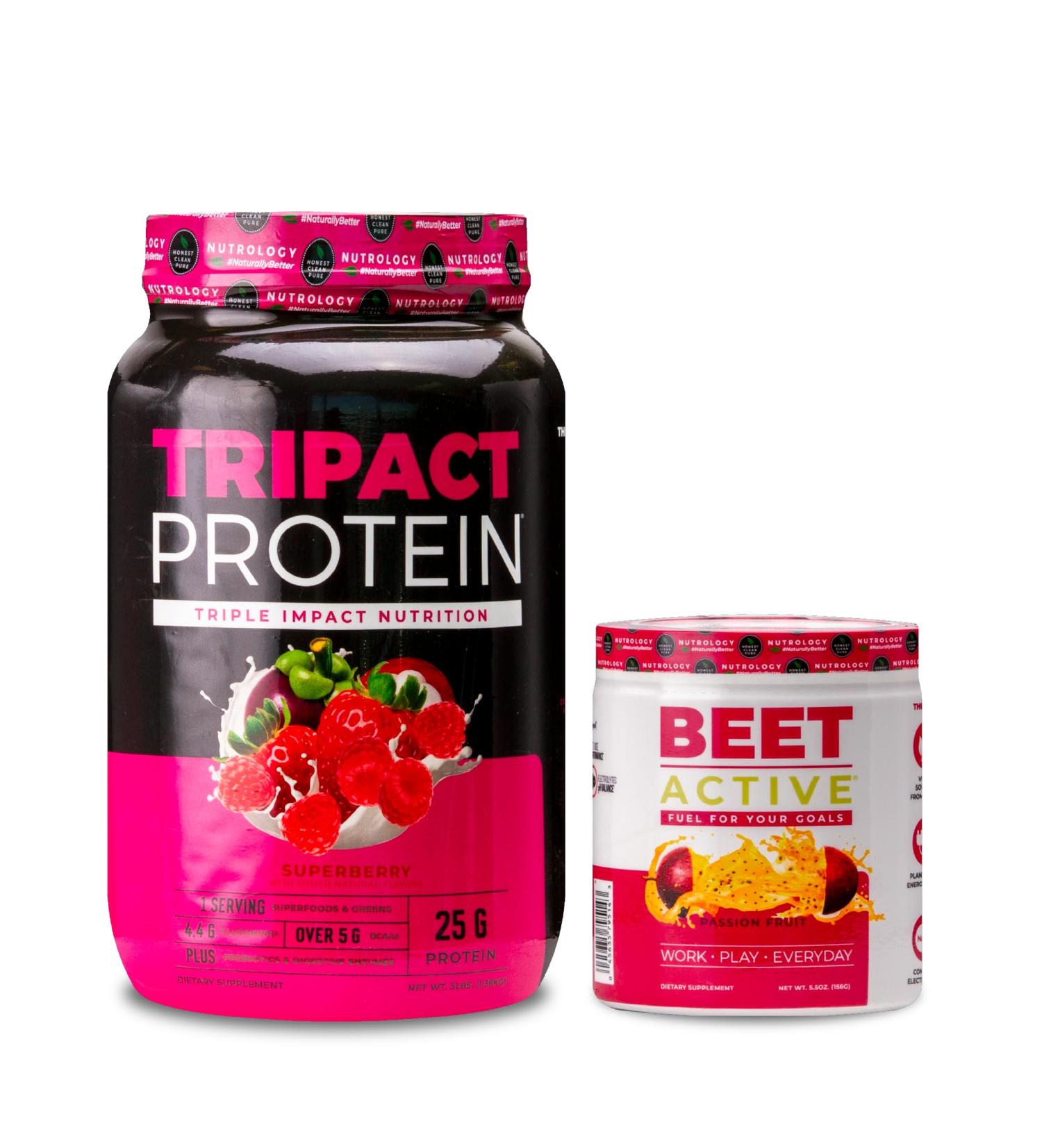 Nutrology TRIPACT Protein Powder 7-in-1 Meal Replacement Shake Superberry (40 Servings) Beet Active Natural Pre-Workout Powder Passion Fruit Flavor (30 Servings) - Buy Online on GoSupps.com