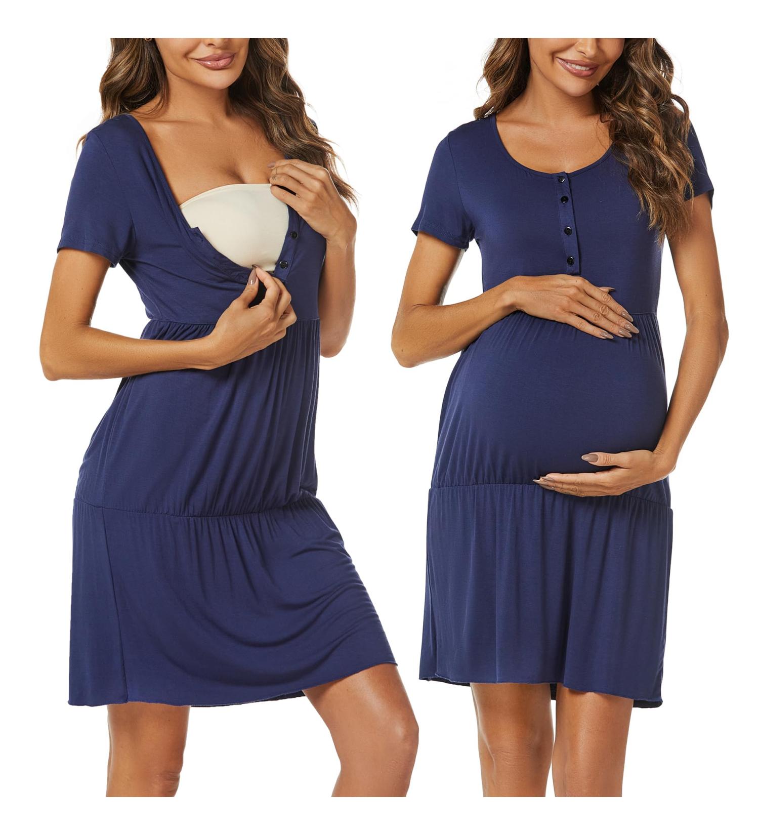 Irdcomps Women's Maternity Nursing Nightgown | Button Down Short Sleeve | Labour Loungewear | Hospital-Friendly | Dark Blue XL - Buy Online on GoSupps.com