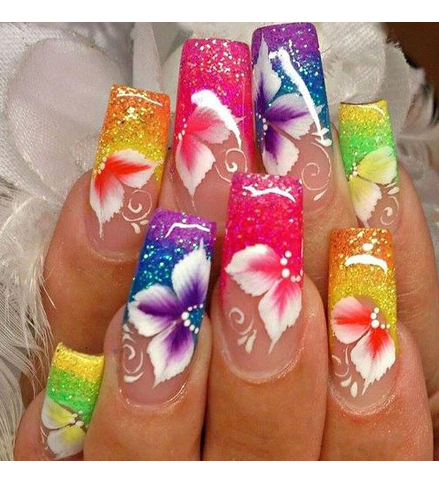 Shop Medium Coffin Press On Nails - Colorful Flower Designs Glossy Glitter Acrylic 24 Pcs Full Cover Nails for Women - International Shipping Available - Buy Online on GoSupps.com