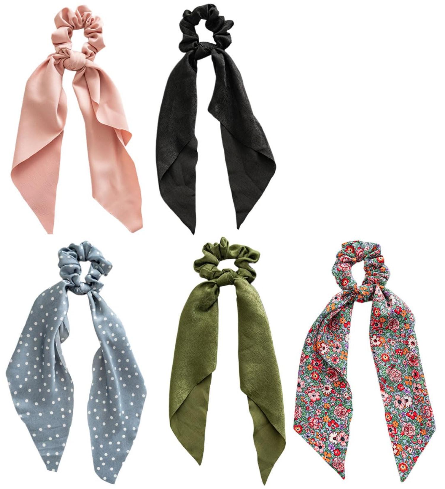 scicent Silk Hair Ties 5 Pieces Bowknot Headscarf Satin Hair Ties Elastic Hair Bands Solid Colors Scrunchy & Print Floral Ribbon Hair Scrunchie for Women's Ponytail Holders Girls - 24013 - Buy Online on GoSupps.com
