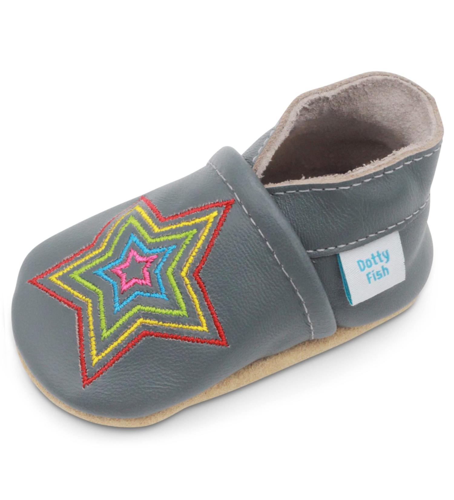Dotty Fish Soft Leather Baby Shoes | Boys Toddler Shoes with Non-Slip Suede Soles | Grey Rainbow Star | Sizes 0-6 Months to 4-5 Years - Buy Online on GoSupps.com