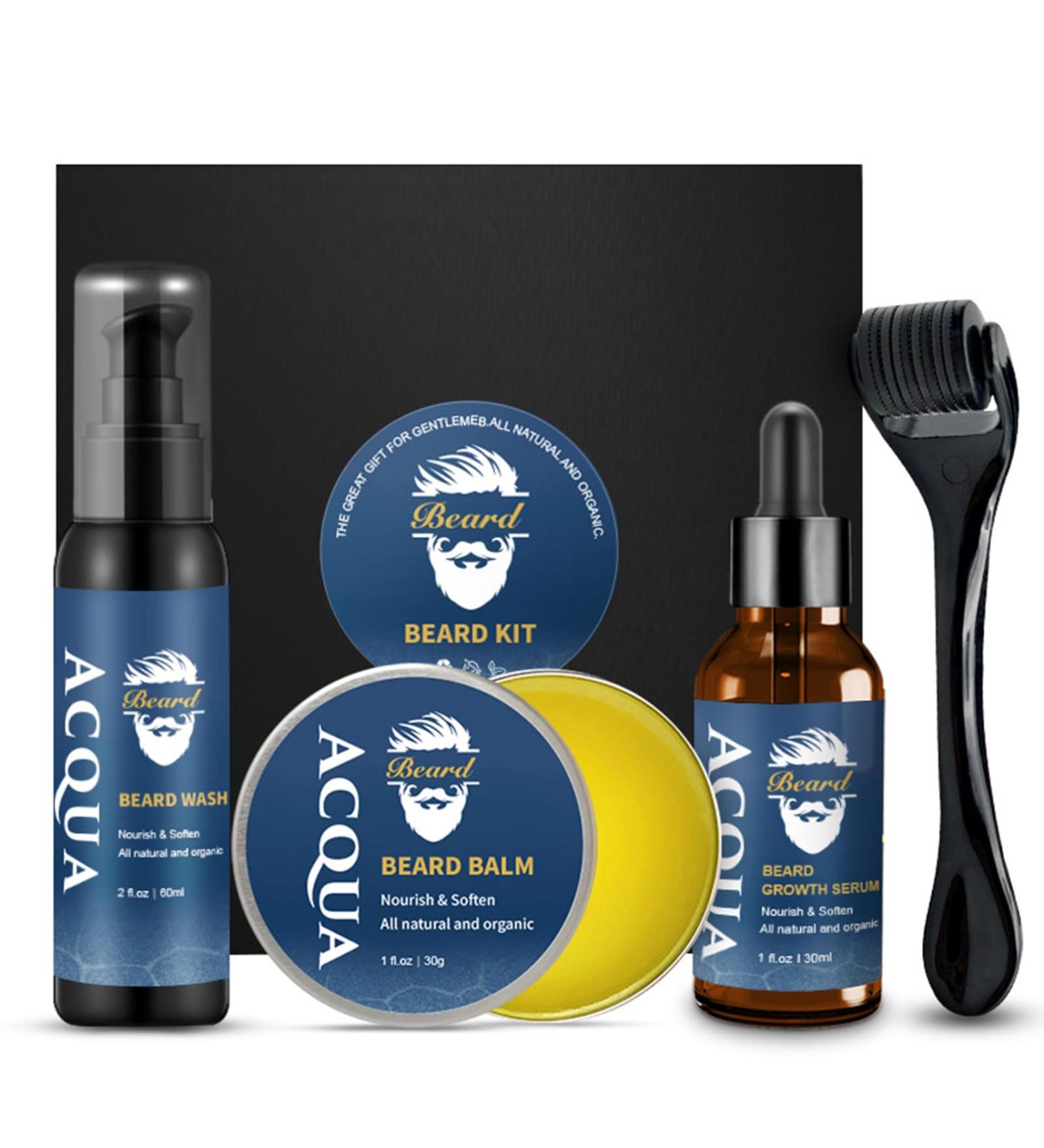 Beard Grooming Kit for Men - Beard Growth Oil, Balm, Wash, Derma Roller (4pcs) - Perfect Stocking Fillers for Men - Buy Online on GoSupps.com