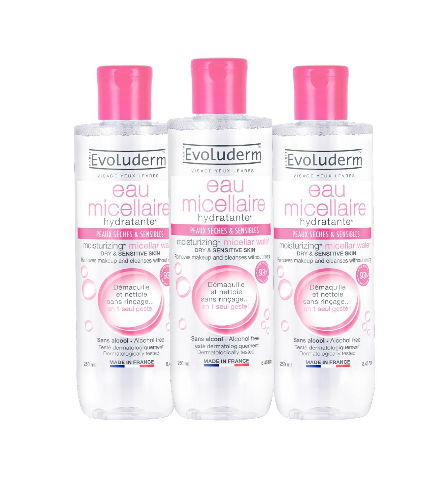 EVOLUDERM - Micellar Cleansing Water for Dry & Sensitive Skin - 250 ml - 93% Natural Origin - Vegan - Made in France - Pack of 3 x 250 ml