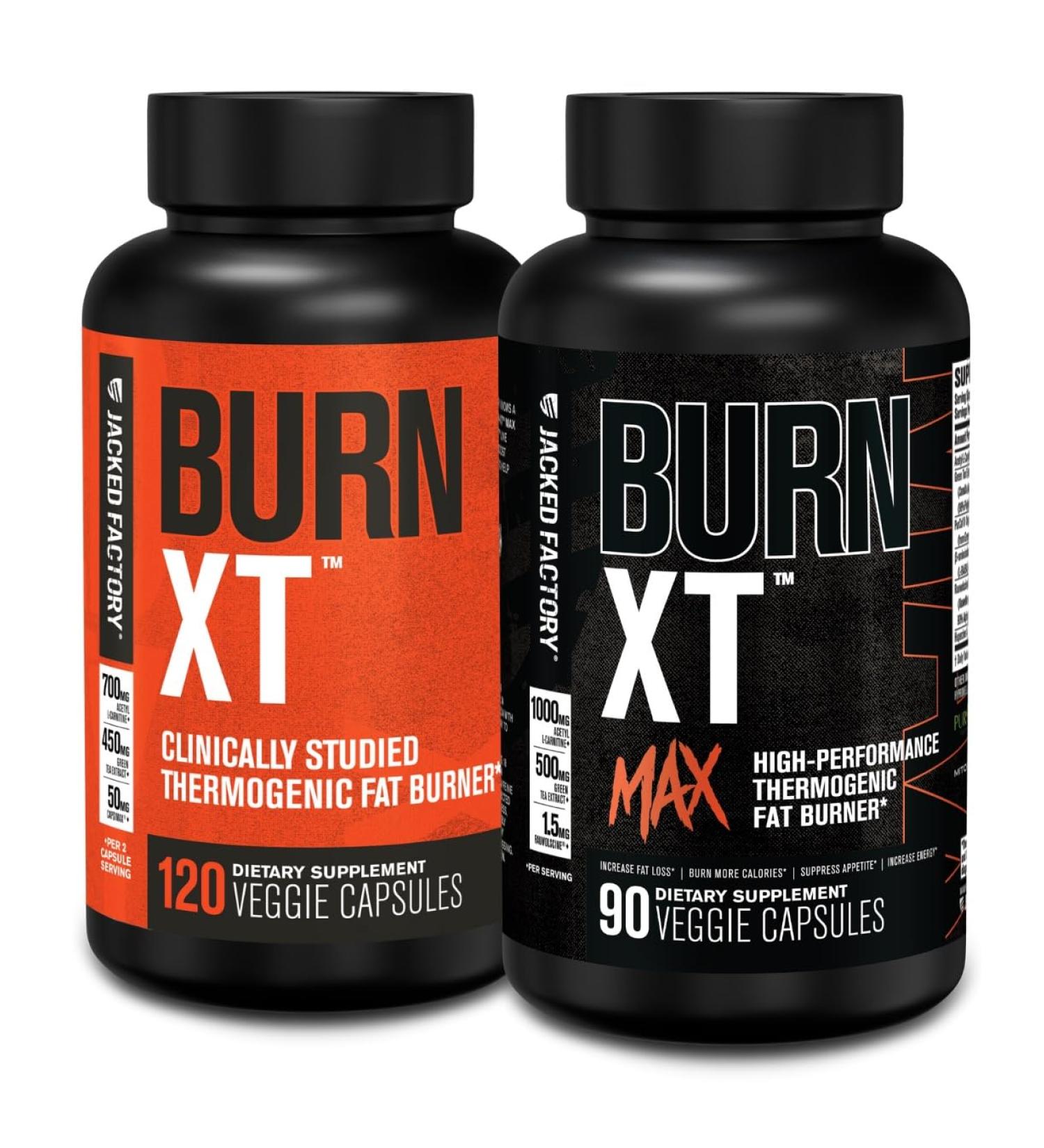 Jacked Factory Burn-XT Clinically Studied Fat Burner & Weight Loss Supplement (120 Capsules) & Burn XT Max High-Performance Fat Burner & Appetite Suppresant (90 Capsules) - Buy Online on GoSupps.com