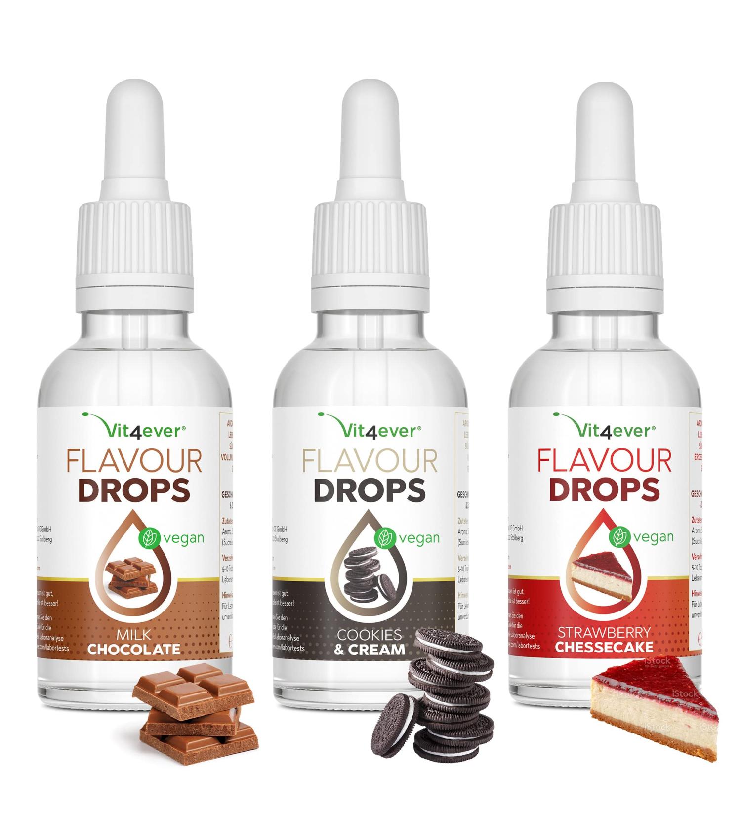 Flavor Drops Bundle - 3x50ml Milk Chocolate Cookies & Cream Strawberry Cheesecake - Zero Calorie Taste | Best eCommerce Deals - Buy Online on GoSupps.com