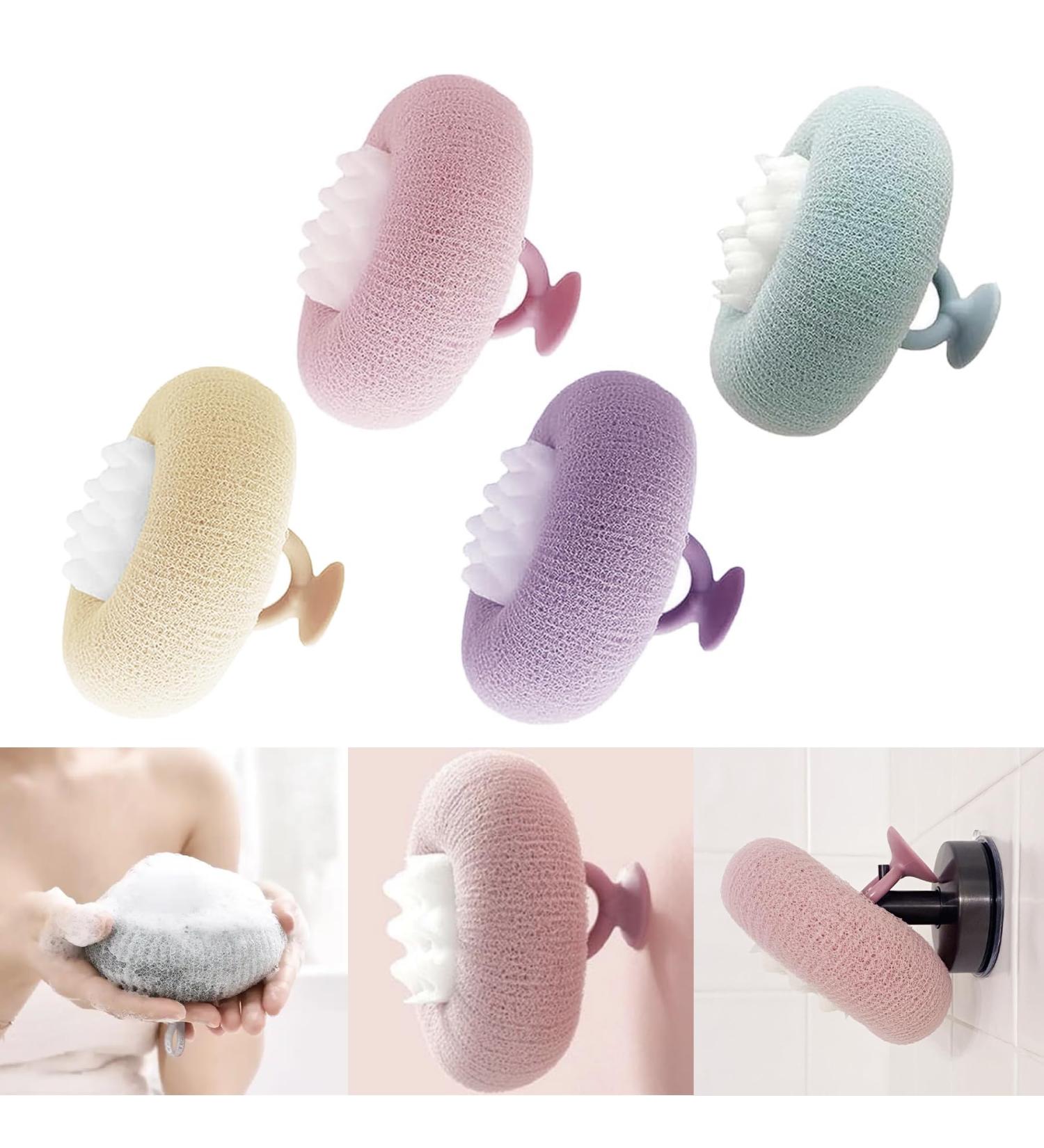 Shop 2-in-1 Eco-Friendly Shower Sponge - Exfoliating Loofah with Suction Cup | Skin-Friendly Bath Ball (4 Pack in Pink Purple Blue Beige - Buy Online on GoSupps.com