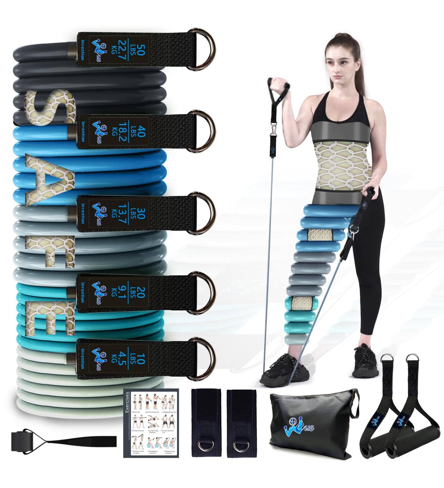 WEUE Resistance Band Set - 11 Piece Safety Tube Exercise Bands for Men and Women up to 150lbs - Includes Handles, Ankle Straps, Door Anchor - Ideal for Gym and Home Workouts - Buy Online on GoSupps.com