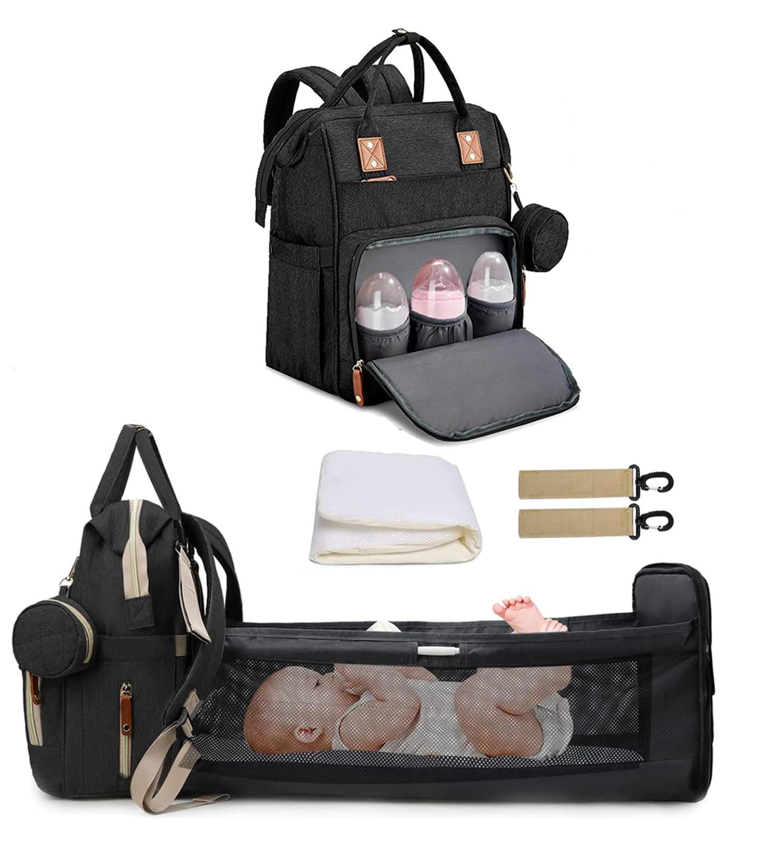 Fexkean All Black Diaper Bag: Large Capacity Backpack with Foldable Travel Bed & Mobile Changing Pad - Perfect Multifunctional Baby Gear for Parents - Buy Online on GoSupps.com