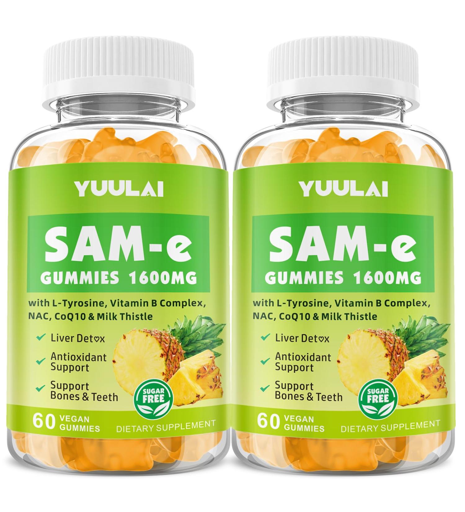 Pack of 2 SAM-e Gummies Sugar Free 1600mg SAM e Supplement with L-Tyrosine Vitamin B Complex & NAC CoQ10 Pineapple Flavor 120 Count 120 Count (Pack of 1) - Buy Online on GoSupps.com