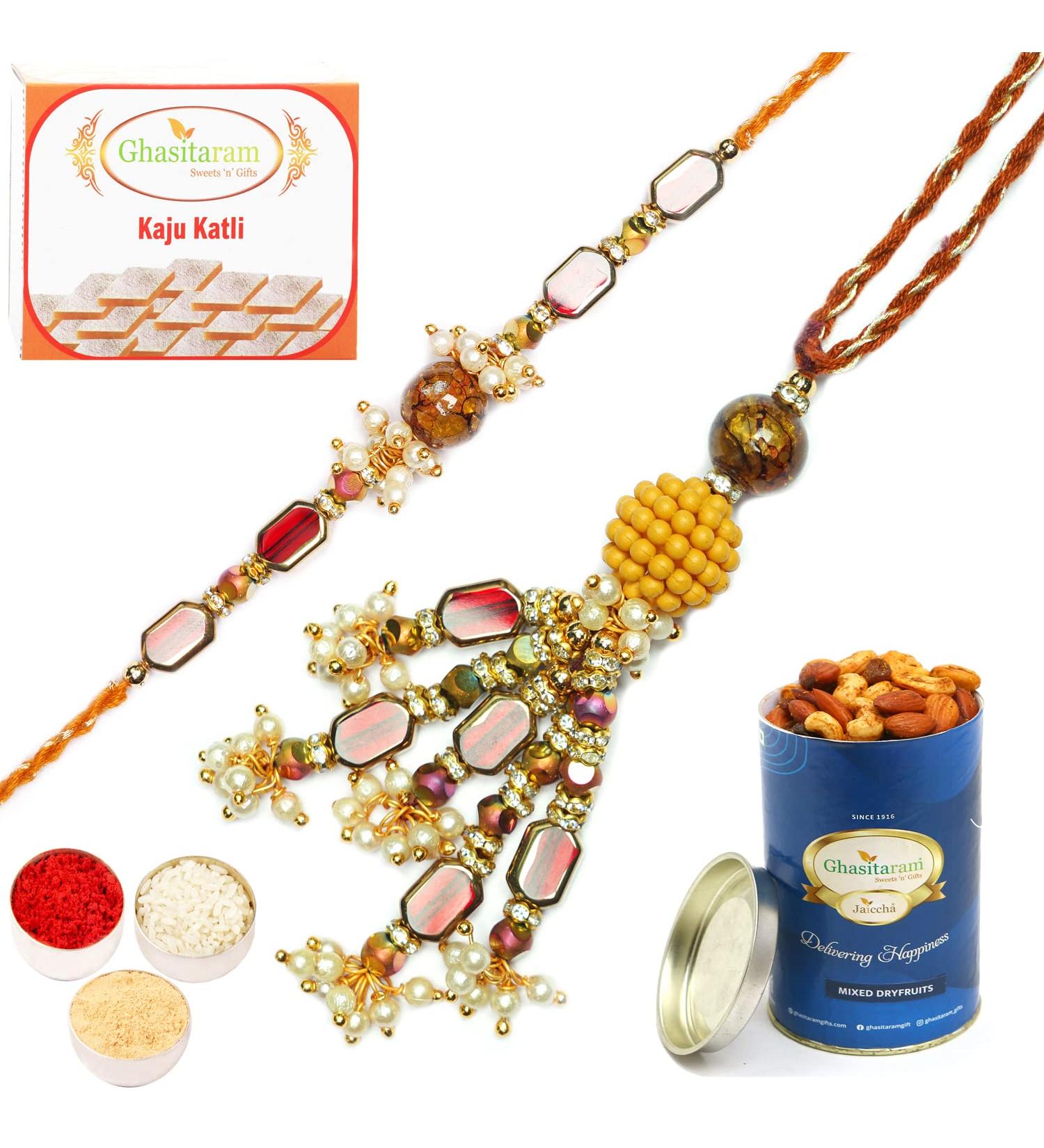 Ghasitaram Gifts Rakhis Online - Rakhi for Brother- RM-179 Bhaiya Bhabhi Rakhi with 100 GMS of Dryfruits Mix Can 200 GMS of Kaju katli Rakhi Set & 100g Dryfruits Mix Can 200g Kaju katli - Buy Online on GoSupps.com
