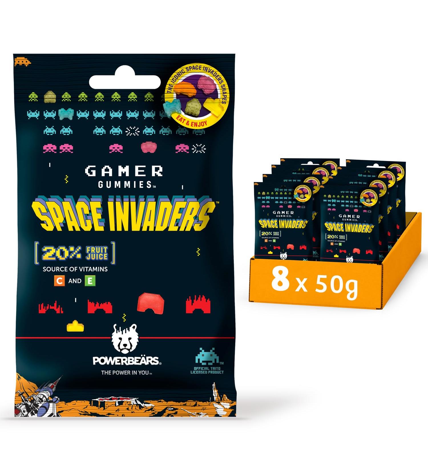 Powerbears Space Invaders Gummy Bears - 20% Fruit Juice Vitamins 6 Flavors | 8-Pack (50g Each) - Buy Internationally - Buy Online on GoSupps.com