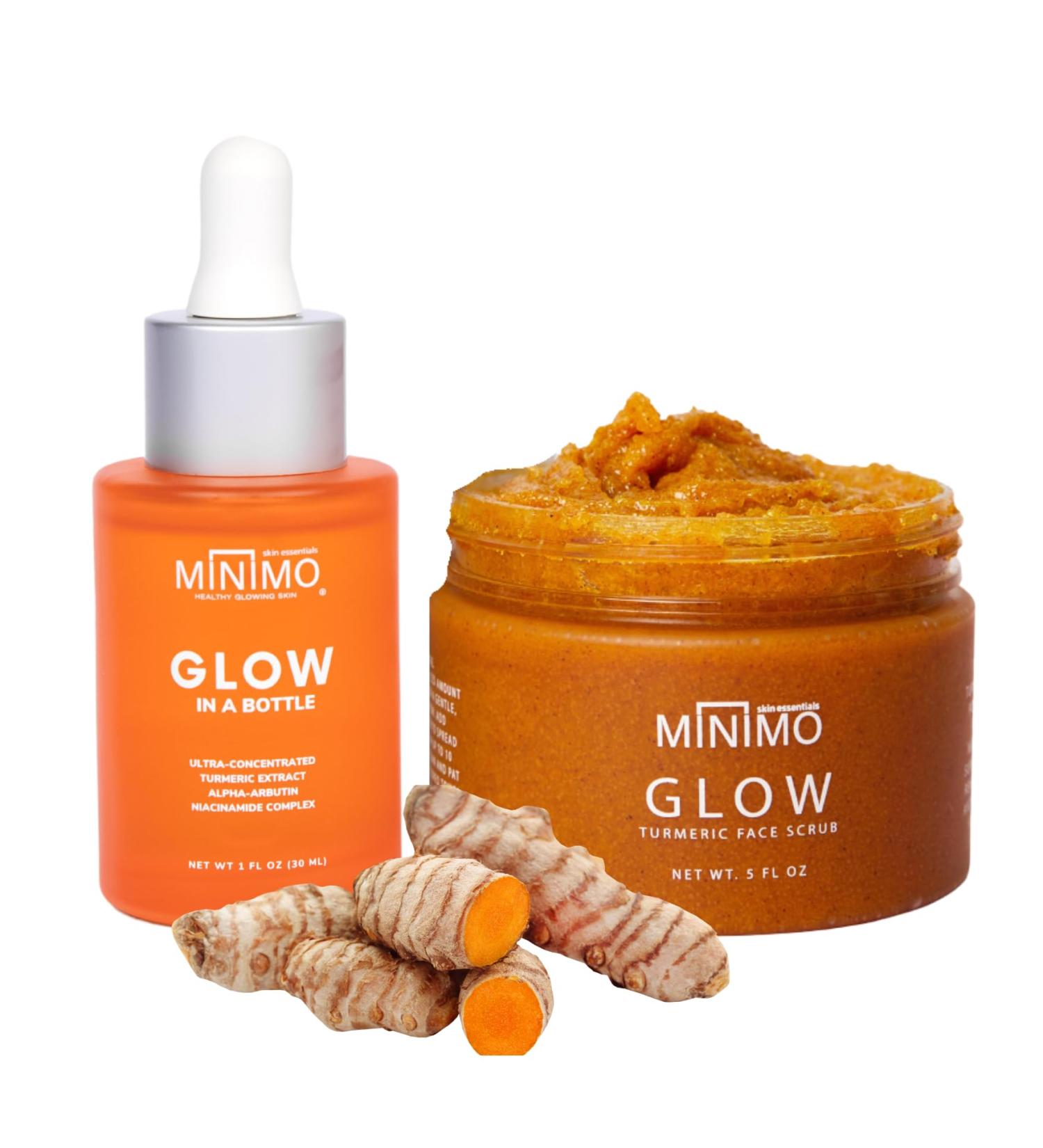 Minimo Skin Essentials Glow on Glow Combo Pack: Glow Turmeric Face Scrub (5 oz) + Glow in a Bottle Ultra-Concentrated Turmeric Serum (1 oz) - Buy Online on GoSupps.com