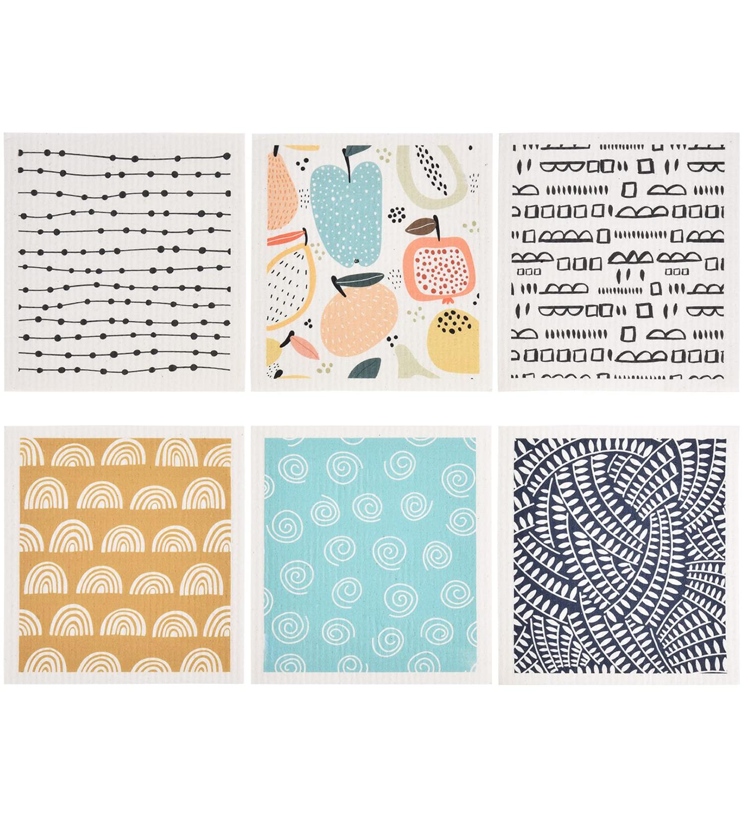 Set of 6 Kitchen Swedish Dishcloths Scandi Nordic Doodle Fruits Rainbow Cleaning Cloths Strong Absorbent and Quick Drying Dish Towels Reusable Cloths for Counter Wipes Art Deco Farmhouse - Buy Online on GoSupps.com