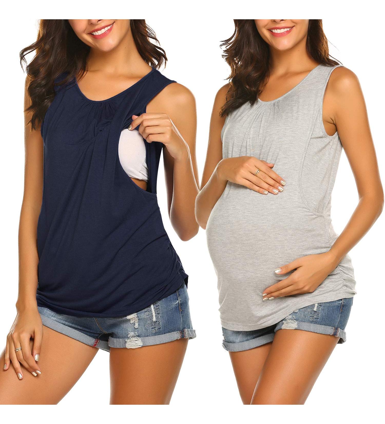 Unibelle Maternity Nursing Tank Top - Double Layer Sleeveless Pregnancy Shirt (S-XXL) - Ocean Blue/Gray - Set of 2 - Buy Online on GoSupps.com