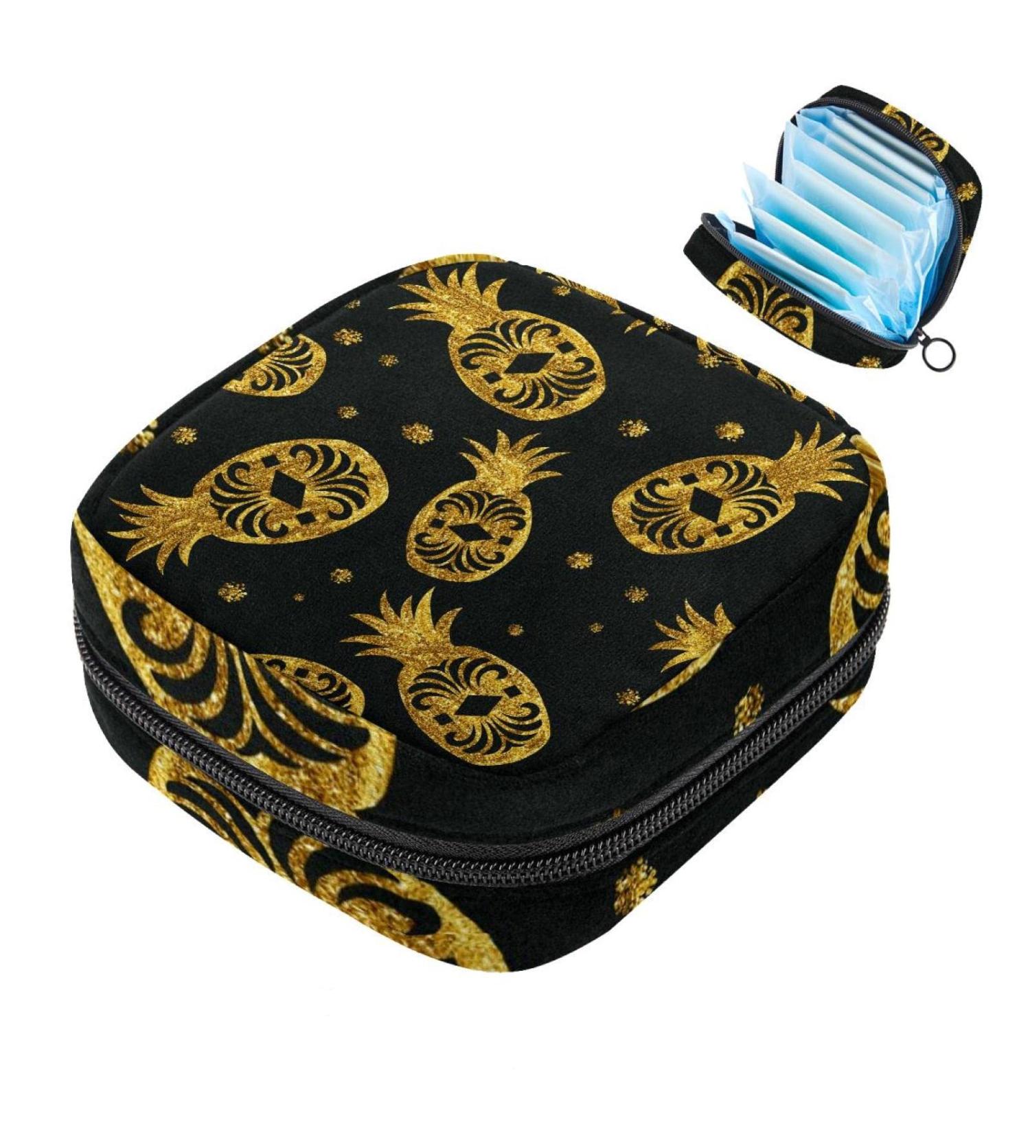 Golden Glittering Ananas Menstruation Pad Bag with Zipper Stylish Tampon & Napkin Bags for Women & Girls - International Shipping Available - Buy Online on GoSupps.com