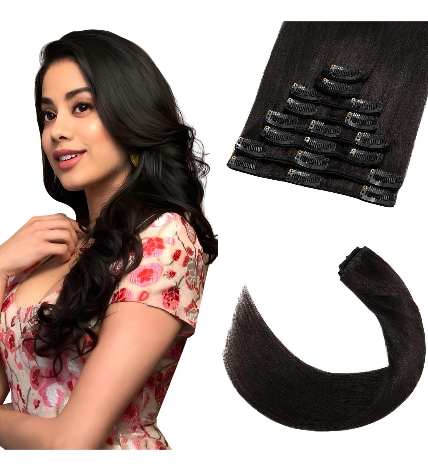 Black Clip in Hair Extensions Real Human Hair - 10 Inch 50g Hair Extensions Clip in - 8 Pieces Clip in Hair Extensions - Buy Online on GoSupps.com