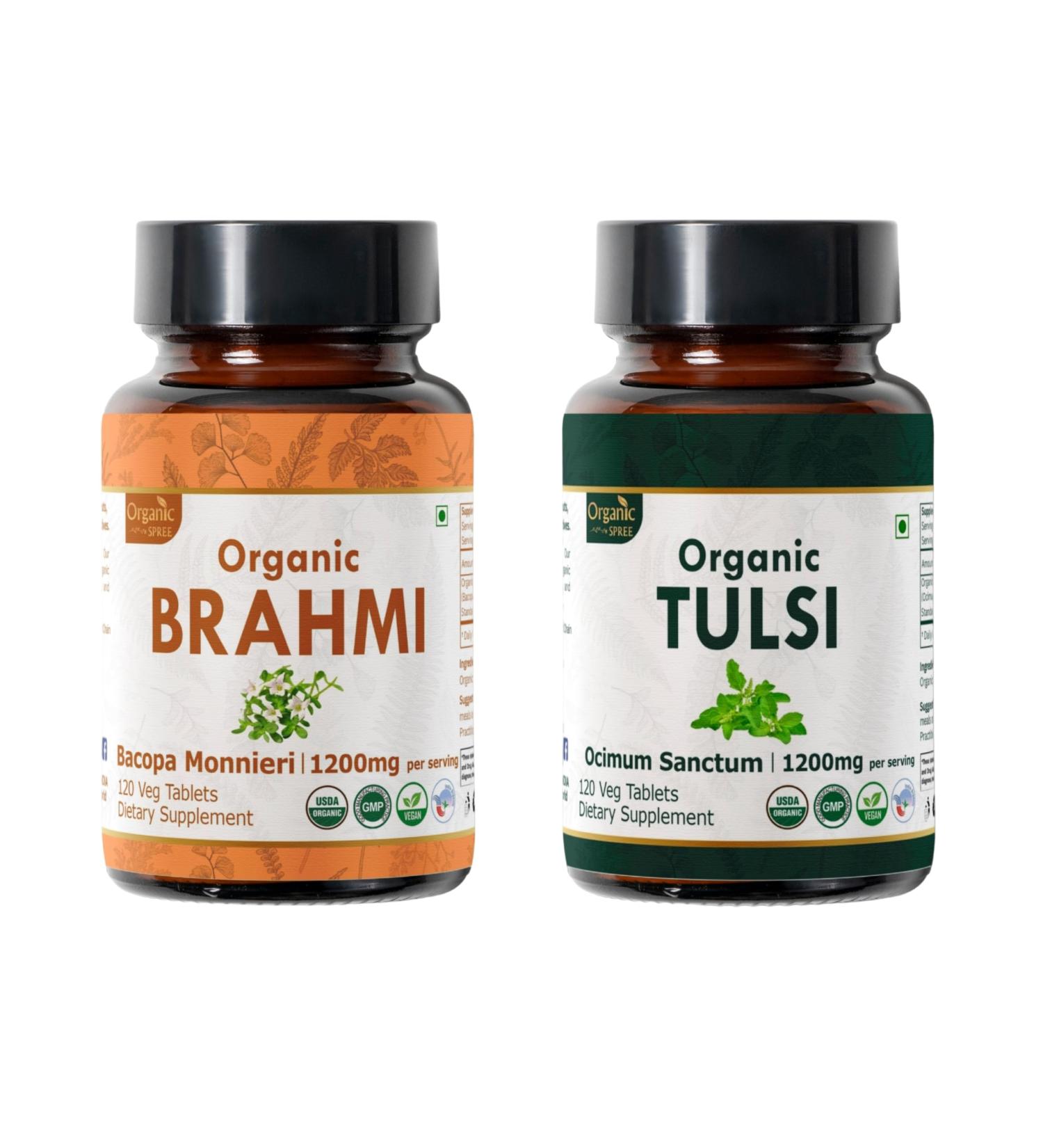 ORGANIC SPREE Brahmi & Tulsi Supplement 120 Tablets Each USDA Organic Bacopa Monnieri & Holy Basil - Buy Online on GoSupps.com