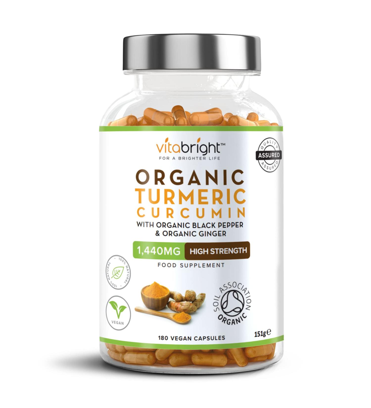 Organic Turmeric Curcumin 1440mg with Black Pepper & Ginger 180 Vegan Capsules | Certified Organic by Soil Association | Made in UK by VitaBright - Buy Online on GoSupps.com