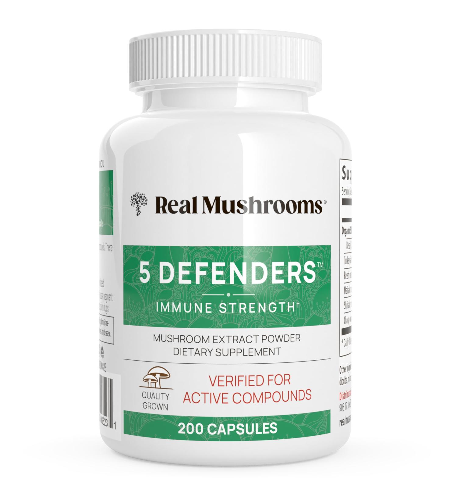 Real Mushrooms 5 Defenders Mushroom Complex Organic Adaptogenic Mushroom Blend with Chaga Reishi Turkey Tail Maitake & Shiitake for Wellness Support - Mushroom Beta Glucan Capsules - 200 Count - Buy Online on GoSupps.com
