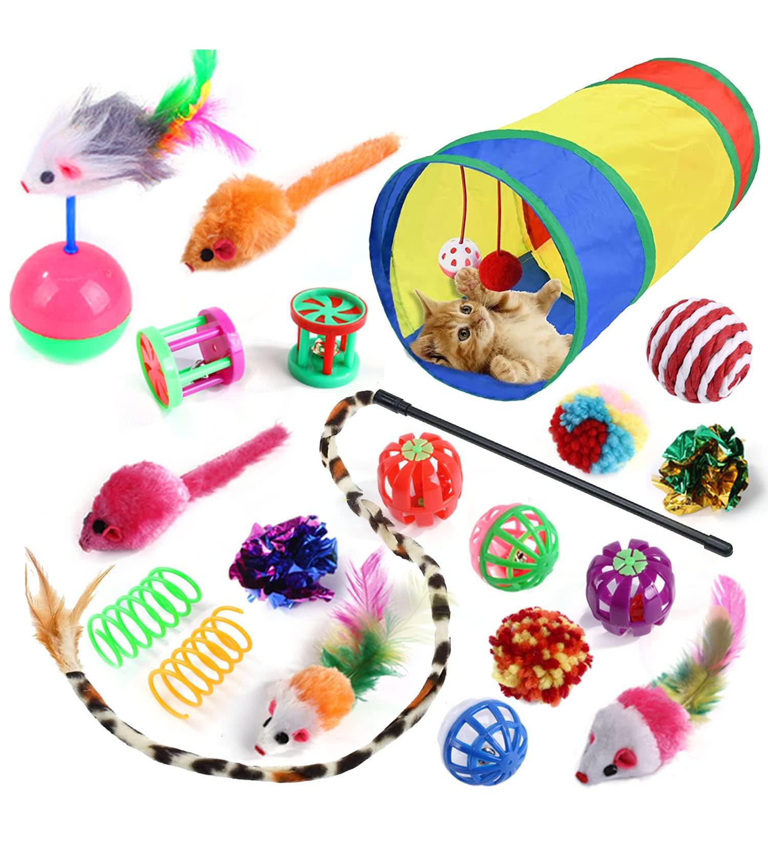 Wefine 20 Pcs Cat Toys for Indoor Kitten Collapsible Cat Tunnel for Indoor Cat Interactive Cat Feather Wand Ball Spring Mice Toy for Cat Puppy Kitty Kitten 20pcs Rainbow - Buy Online on GoSupps.com