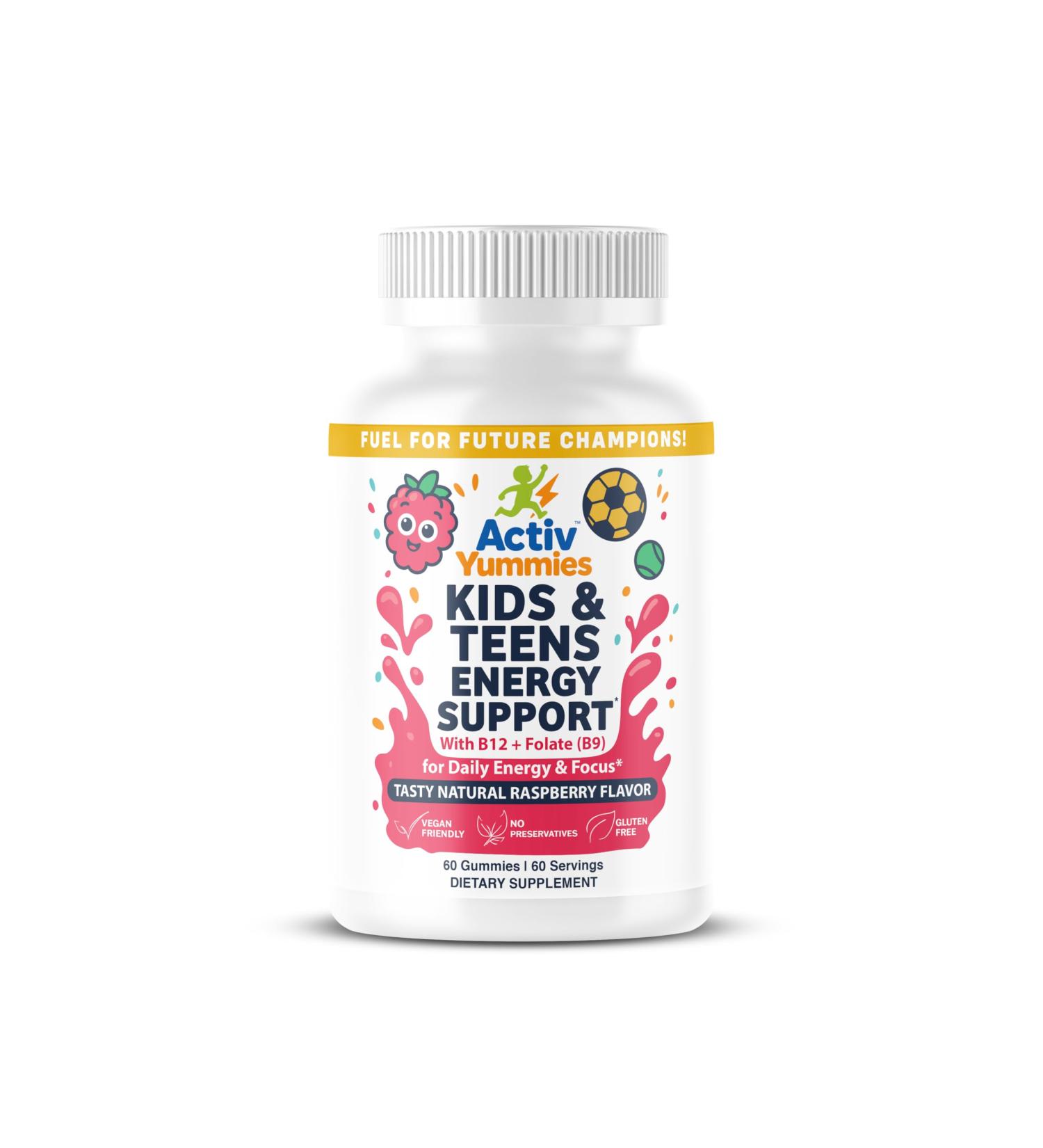 ActivYummies Kids & Teens Energy Support with Vitamin B12 + Folate (B9) - Supports Energy Production Brain Function & Metabolism - Gluten Free - Raspberry Flavor - Soft Chew 60 Gummies (60 Servings) - Buy Online on GoSupps.com