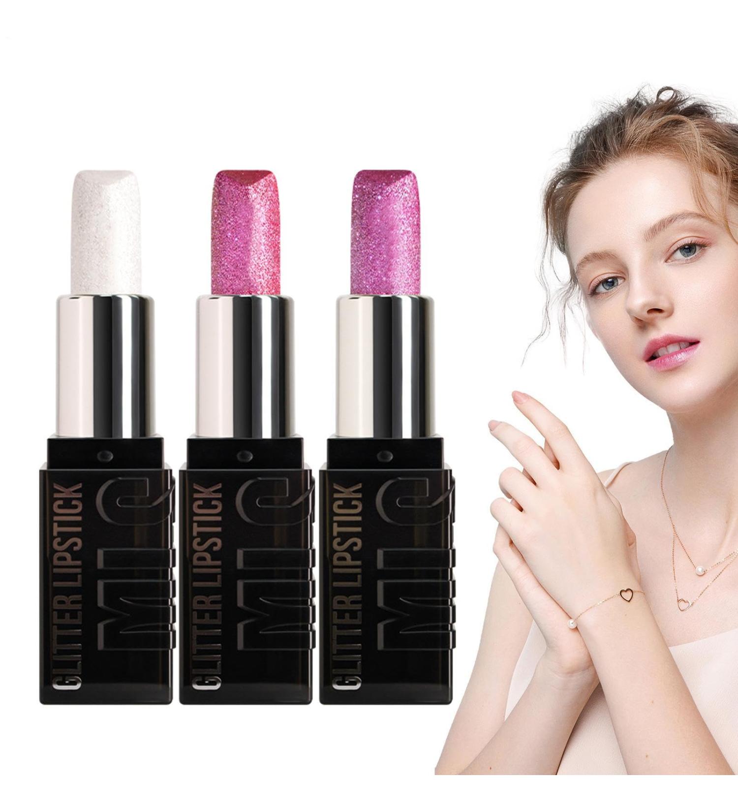  Generisch Set of 3 glitter lipsticks - For lip makeup - Abrasion resistant - Long-lasting - For women and girls - Work vacation party Valentine's Day - Buy Online on GoSupps.com