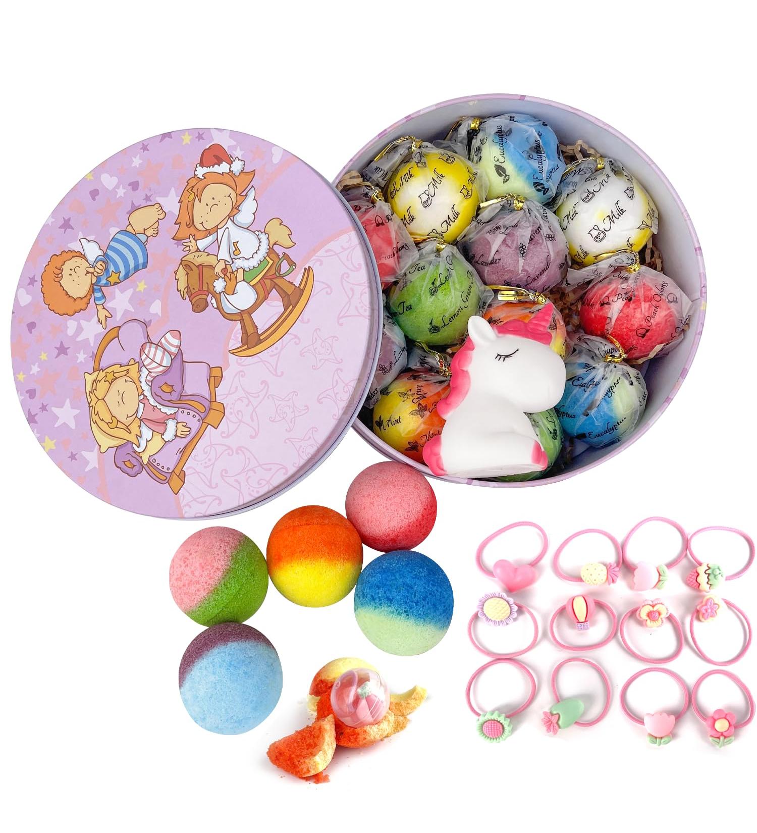 Bath Bombs for Kids 12+1 Bath Bombs with Girls Hair Ties Inside Bonus1 Funny Squeaking Toy Organic Colorful Bubble Bath for Kids Safe Tin Box Bath Bombs for Girls Gift Set for Birthday Party - Buy Online on GoSupps.com