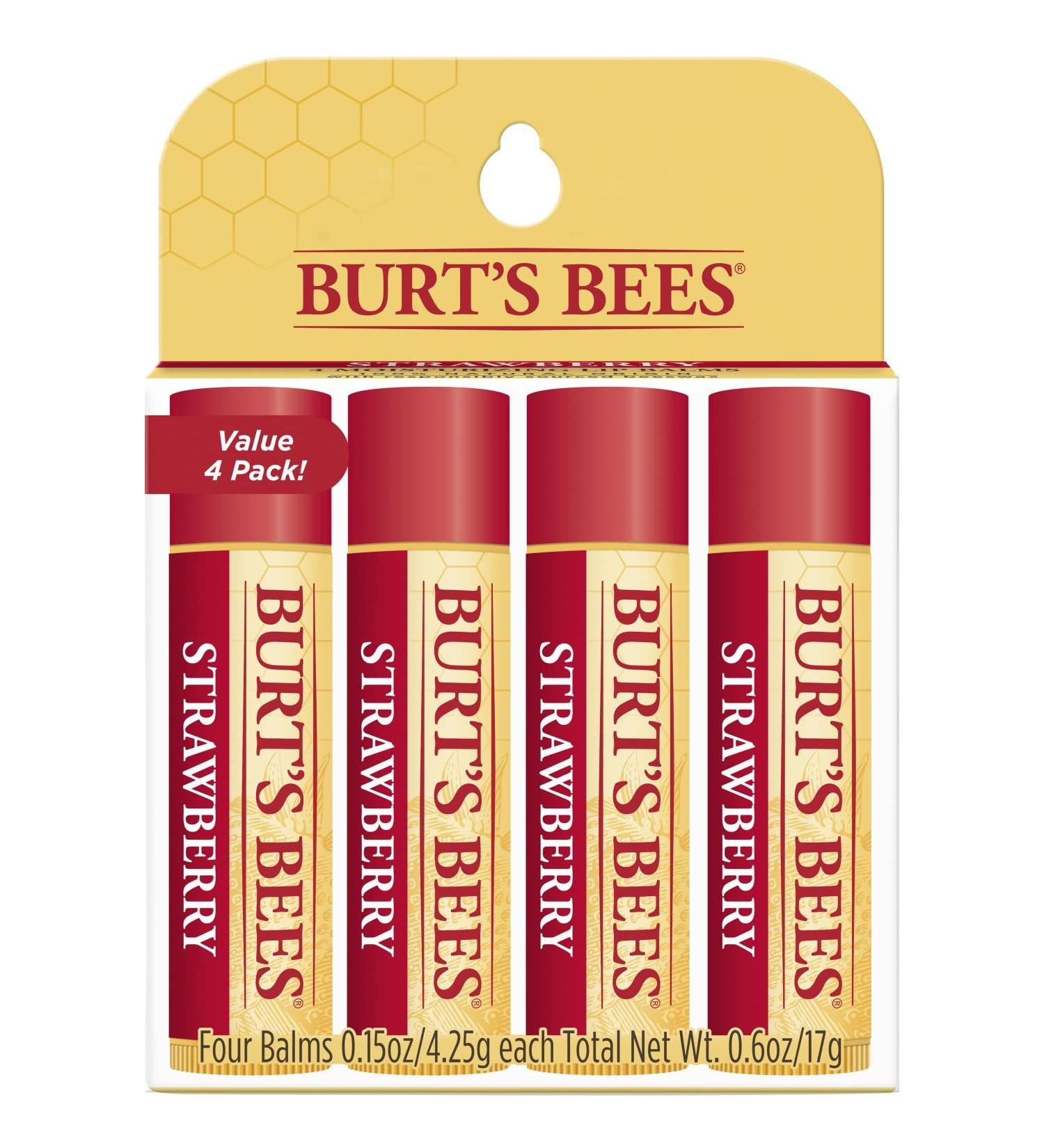 Burt's Bees 100% Natural Moisturizing Lip Balm Strawberry with Beeswax & Fruit Extracts - 4 Tubes - Buy Online on GoSupps.com