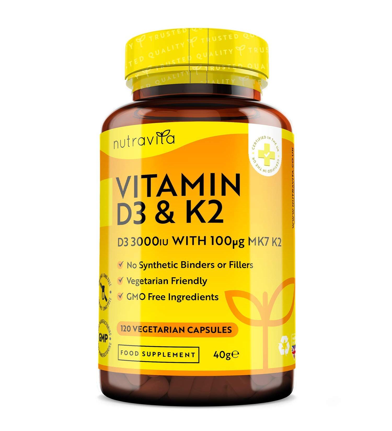 Nutravita Vitamin D3 3000iu & K2 100ug (MK7) - 120 Vegetarian Capsules for Bone, Muscle, and Immune Support - Buy Online on GoSupps.com