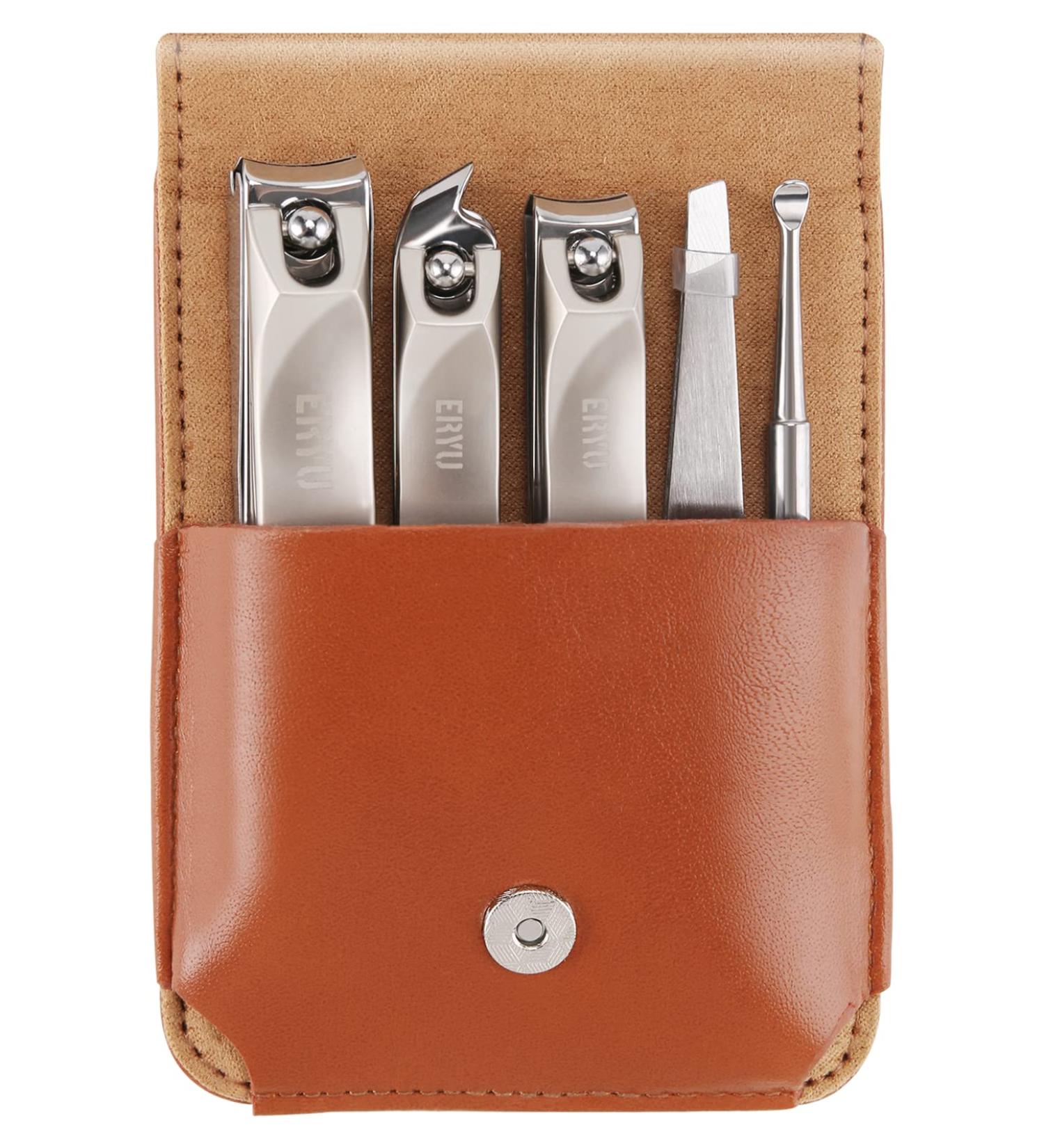 Eryu 5-Piece Stainless Steel Nail Clippers Set with Leather Travel Case - Professional Nail and Toenail Clippers for Thick Nails - Ideal Dad & Mom Gift - Brown - Buy Online on GoSupps.com