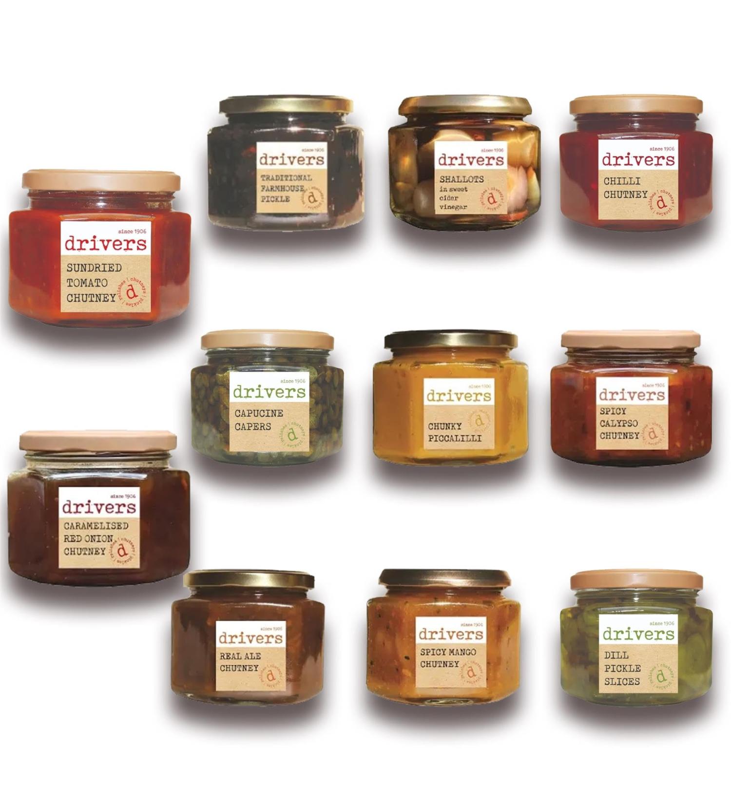 Drivers Chutney Pickle Jar Pick N Mix - Choose From 10+ Flavours | Spicy Mango Real Ale Chunky Piccalilli Caramelised Red Onion Spicy Calypso Capucines - Pack of 6 X 350g - Buy Online on GoSupps.com